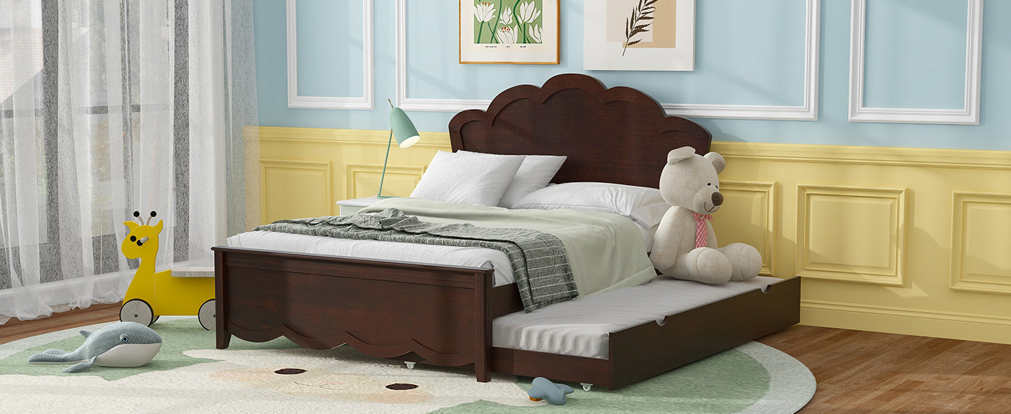 Full Size Wood Platform Bed With Headboard And Twin Size Trundle, Cappuccino Box Spring Not Required Full Cappuccino Wood Bed Frame Solid Wood Mdf