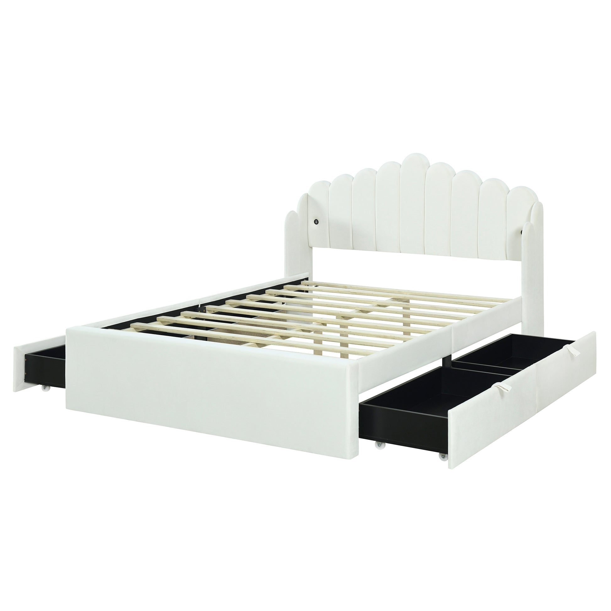 Full Size Upholstered Platform Bed With 4 Drawers And 2 Usb, Beige Box Spring Not Required Full Beige Wood Bedroom Bed Frame Polyester Upholstered