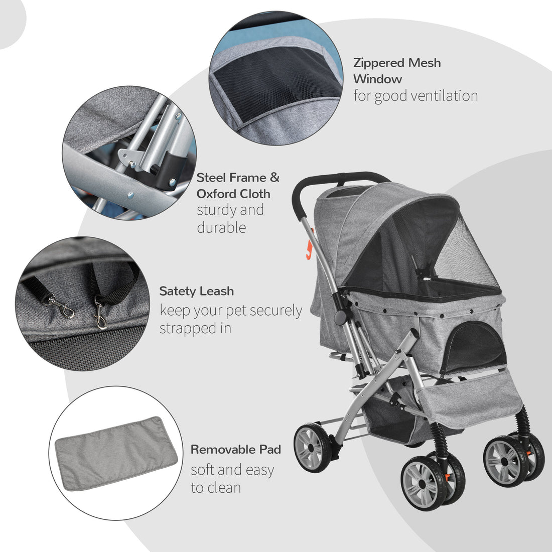 Pawhut Travel Pet Stroller For Dogs, Cats, One Click Fold Jogger Pushchair With Swivel Wheels, Braket, Basket Storage, Safety Belts, Adjustable Canopy, Zippered Mesh Window Door, Grey Grey Steel