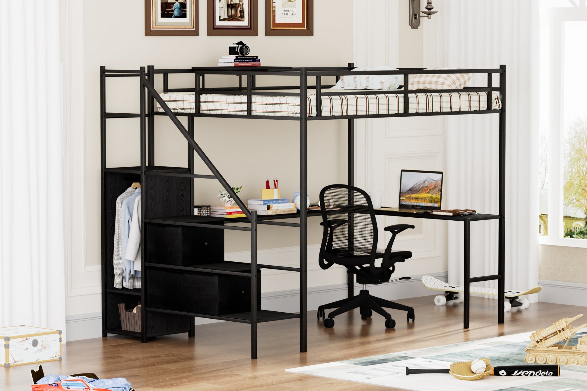Full Size Metal Loft Bed With L Shaped Desk, Led Lights, Charging Cradle, Led Loft Bed Frame, Full Size Bed With One Cabinet Wardrobe And 2 Fabric Drawers, Safety Rails And Ladder, Black Black