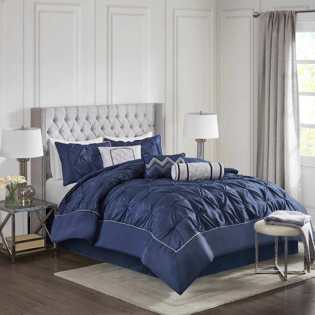 7 Piece Tufted Comforter Set Navy Queen Queen Navy Polyester