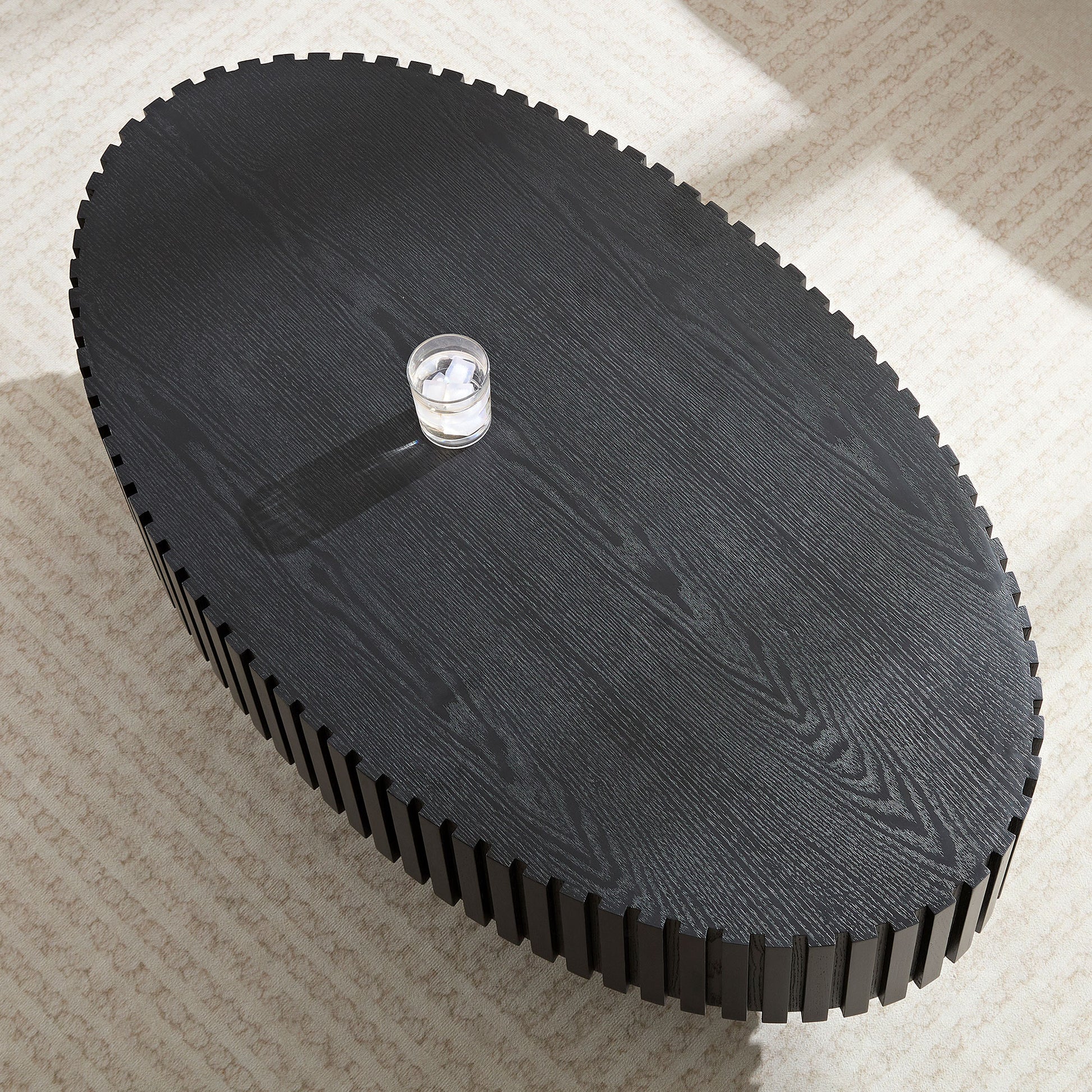 Modern Handcraft Drum Coffee Table Length 43.7 Inch Ellipse Coffee Table For Living Room,Oval Small Coffee Table With Sturdy Pedestal,Black Mdf Matt Black Mdf