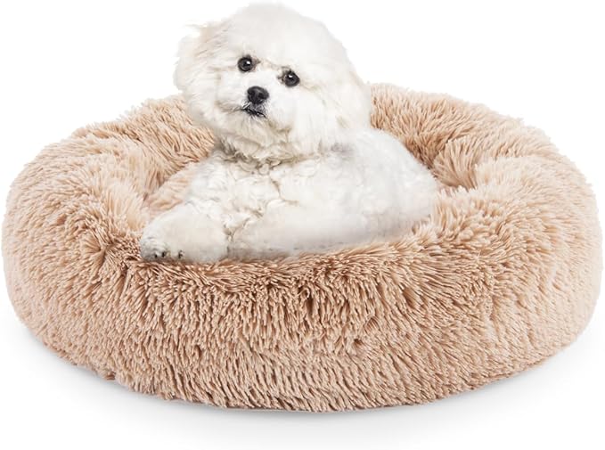 24'' Dog Bed Round Donut Washable Dog And Cat Bed In Shag Fur, Calming Dog Beds, Brown Brown Faux Fur