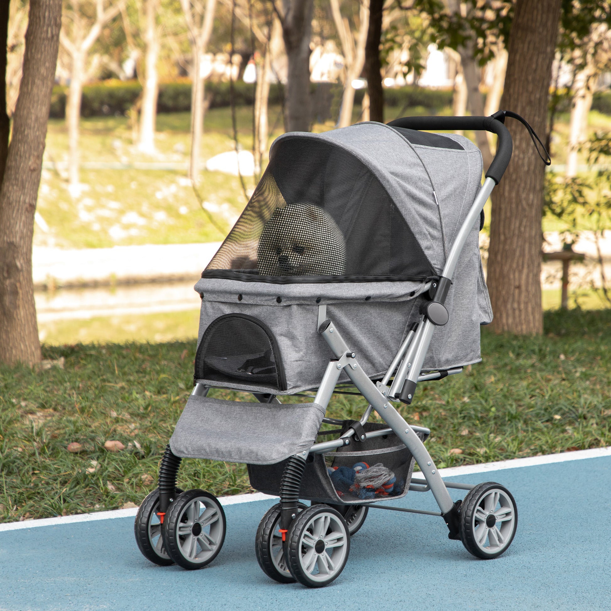 Pawhut Travel Pet Stroller For Dogs, Cats, One Click Fold Jogger Pushchair With Swivel Wheels, Braket, Basket Storage, Safety Belts, Adjustable Canopy, Zippered Mesh Window Door, Grey Grey Steel