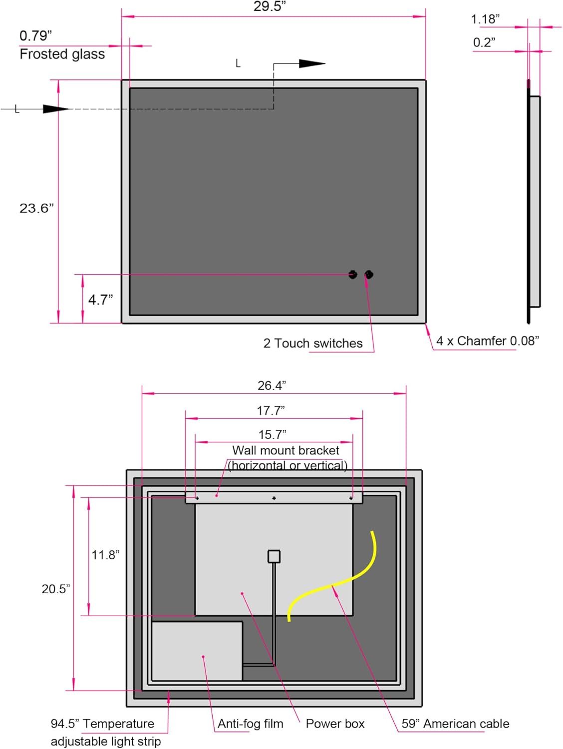 30" W X 24" H Modern Wall Mounted Led Backlit Anti Fog Rectangular Bathroom Mirror With Us Standard Plug, Temperature Adjustable And Memory Function Touch Switch White Glass