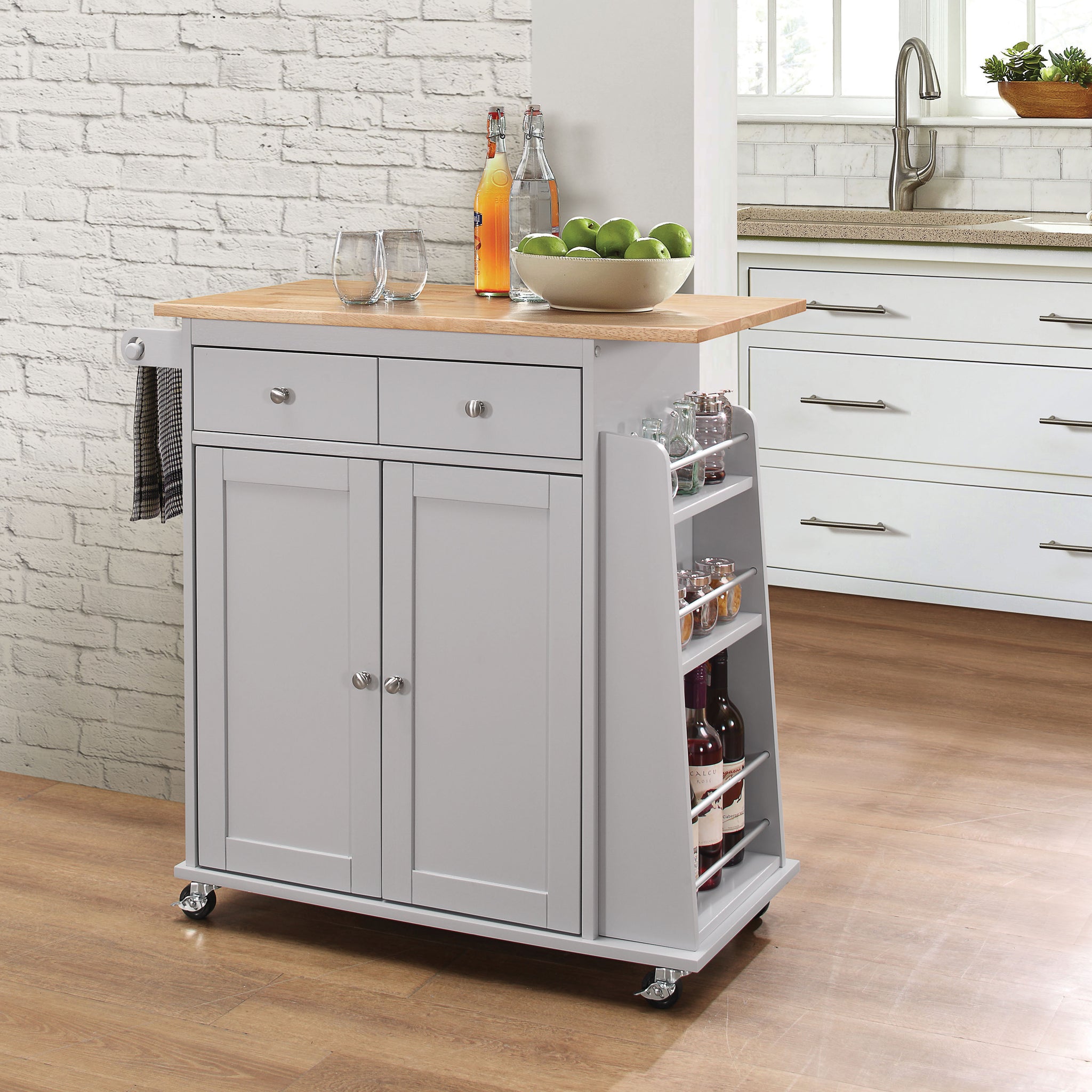 Natural And Grey 2 Drawer Kitchen Cart Natural Grey Dining Room Rectangular Kitchen Carts Rubberwood Wood Small Less Than 40In