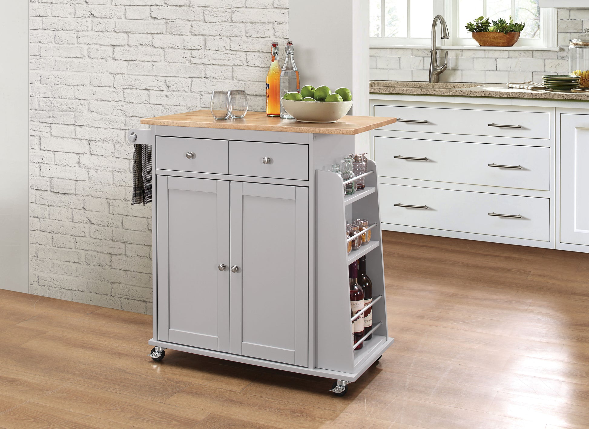 Natural And Grey 2 Drawer Kitchen Cart Natural Grey Dining Room Rectangular Kitchen Carts Rubberwood Wood Small Less Than 40In