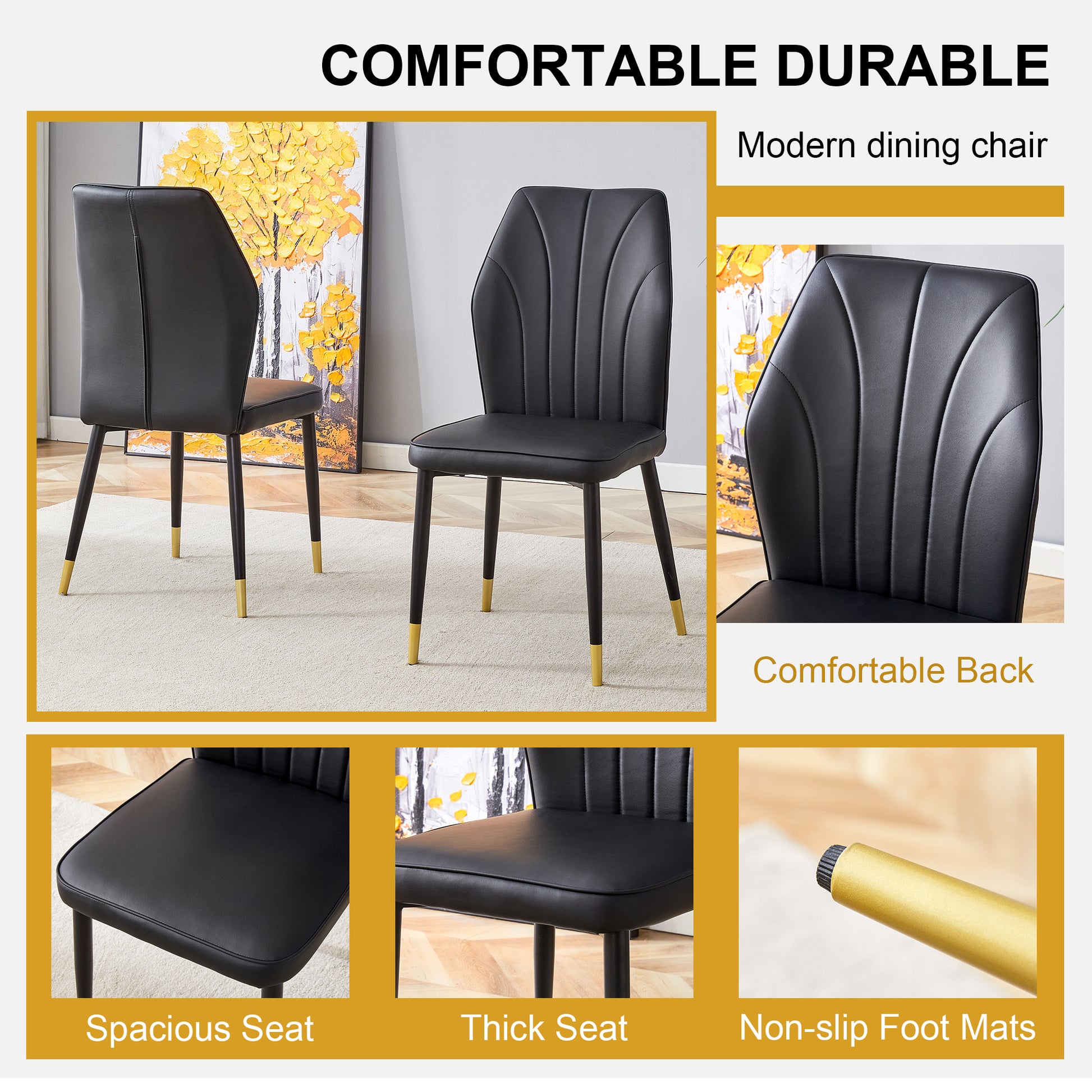 4 Modern Dining Chairs With Stylish Pu Patterned Backrest And Black Metal Legs For A Comfortable Home Experience In The Kitchen, Bedroom And Office. Black Pu