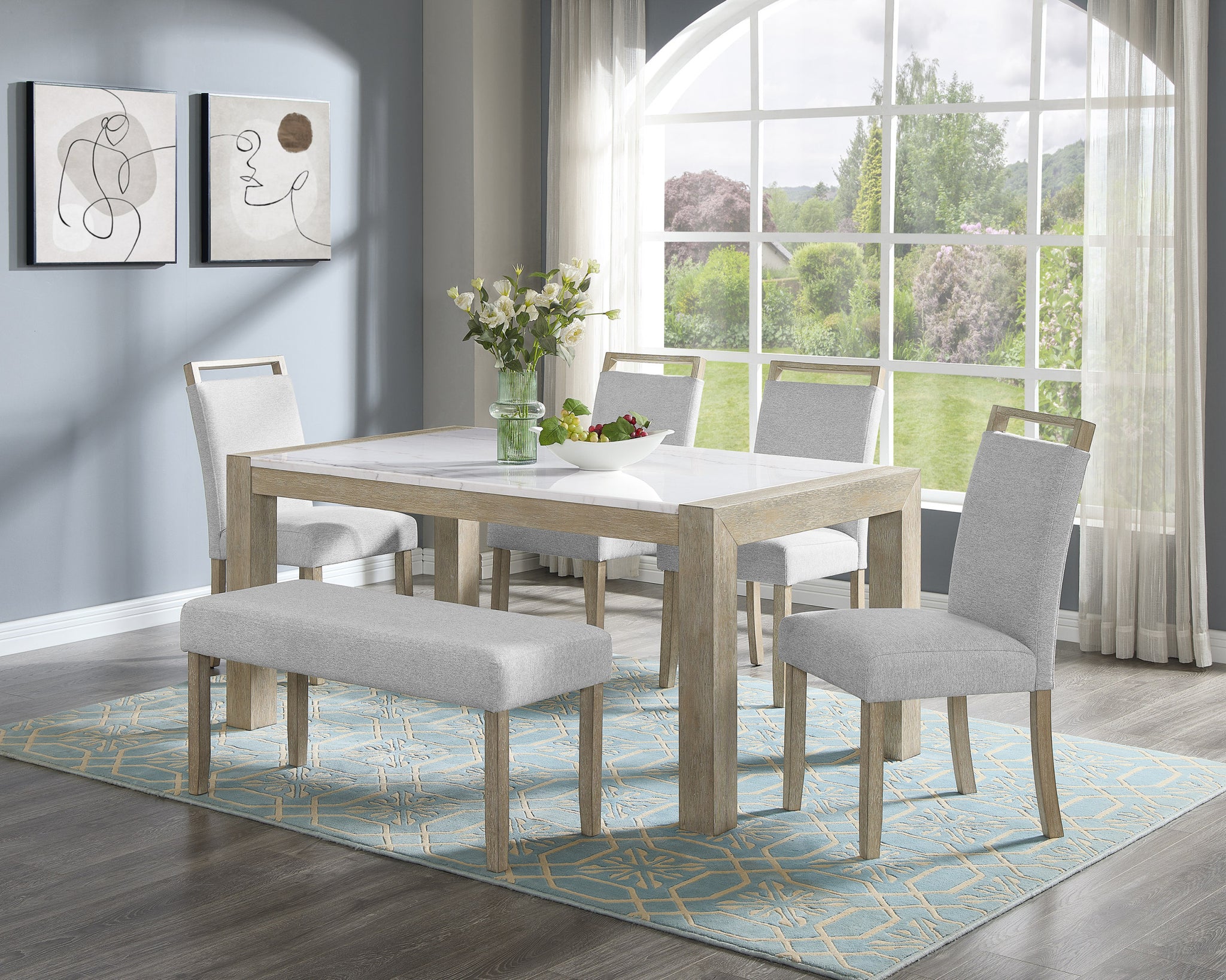 6Pc Dining Set Contemporary Style White Genuine Marble Stone Rectangular Table Full Back Upholstered Chairs Bench Beige Gray Dining Room Wooden Furniture Wood Wood Gray Seats 6 Wood Dining Room Fixed Table Contemporary,Modern,Transitional Rectangular