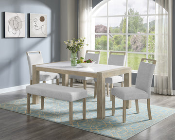 6Pc Dining Set Contemporary Style White Genuine Marble Stone Rectangular Table Full Back Upholstered Chairs Bench Beige Gray Dining Room Wooden Furniture Wood Wood Gray Seats 6 Wood Dining Room Fixed Table Contemporary,Modern,Transitional Rectangular