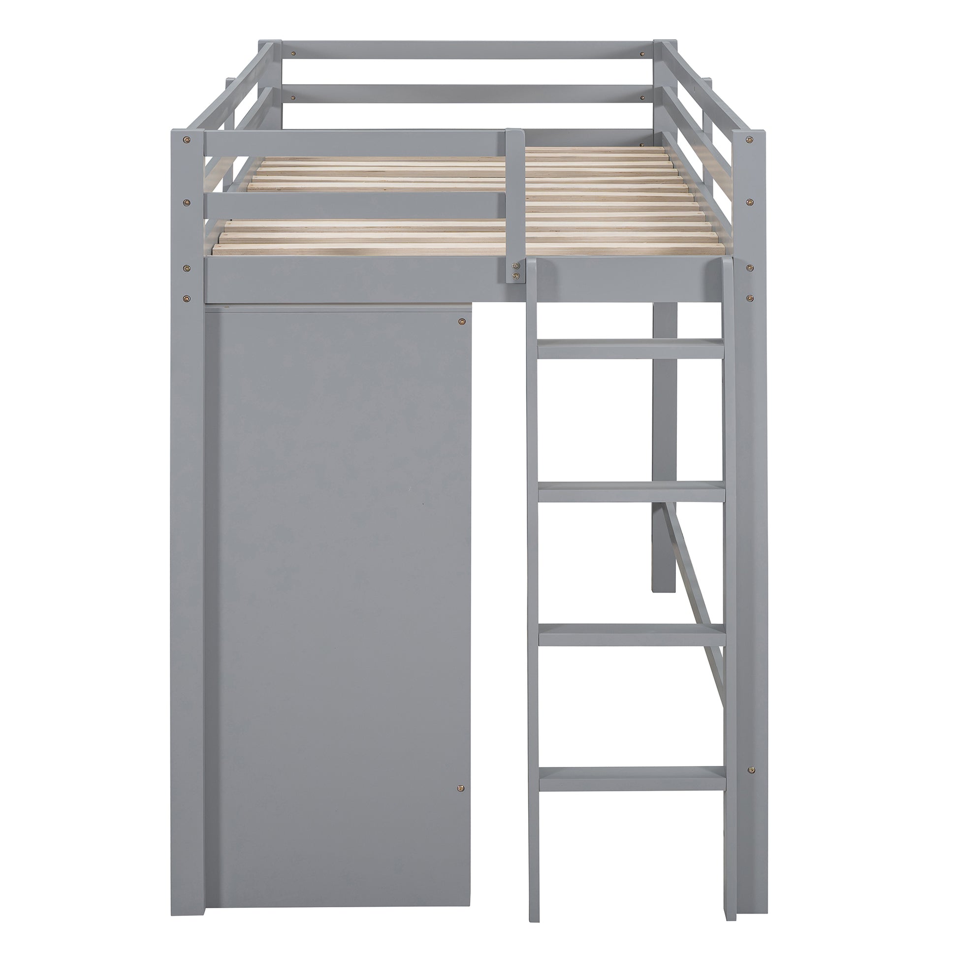 Twin Size Loft Bed With Drawer, Two Wardrobes And Mirror, Gray Gray Solid Wood Mdf