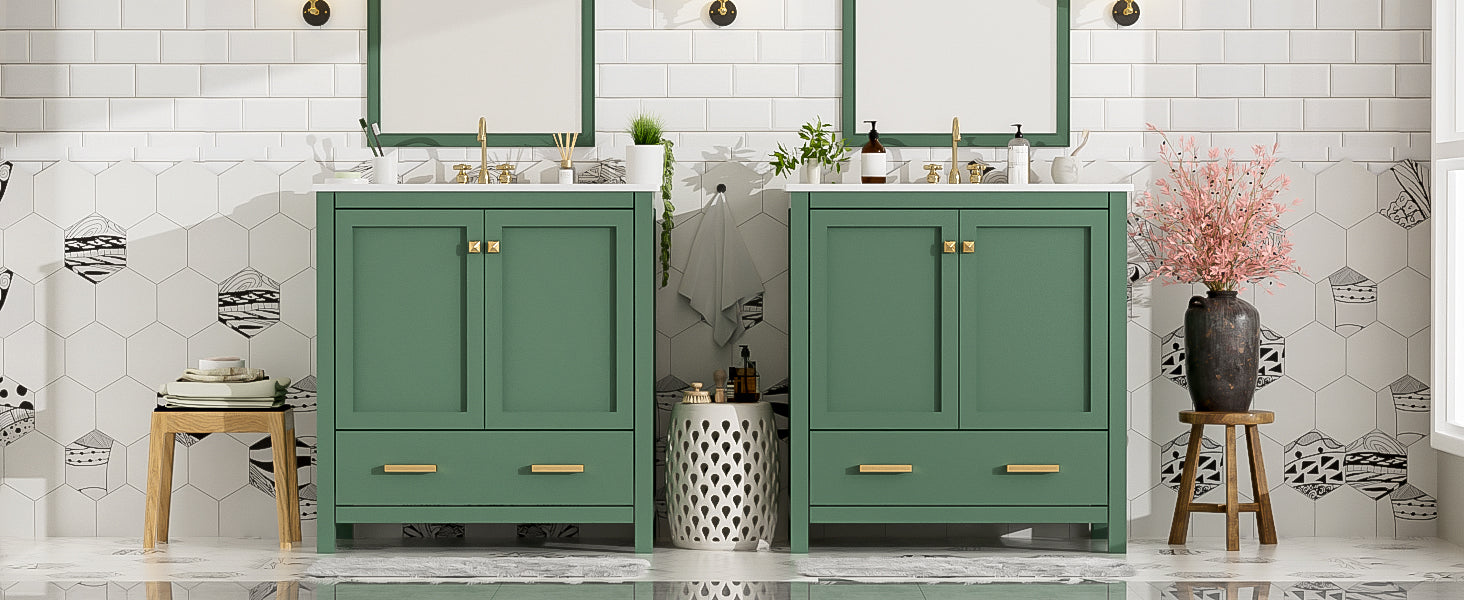 60" Green Bathroom Vanity Set With Double Vanities Separate , Double Ceramic Sinks, Storage Shelf, And Divided Drawers Mirror Not Included Modern Bathroom Solution For Spacious Bathrooms Green