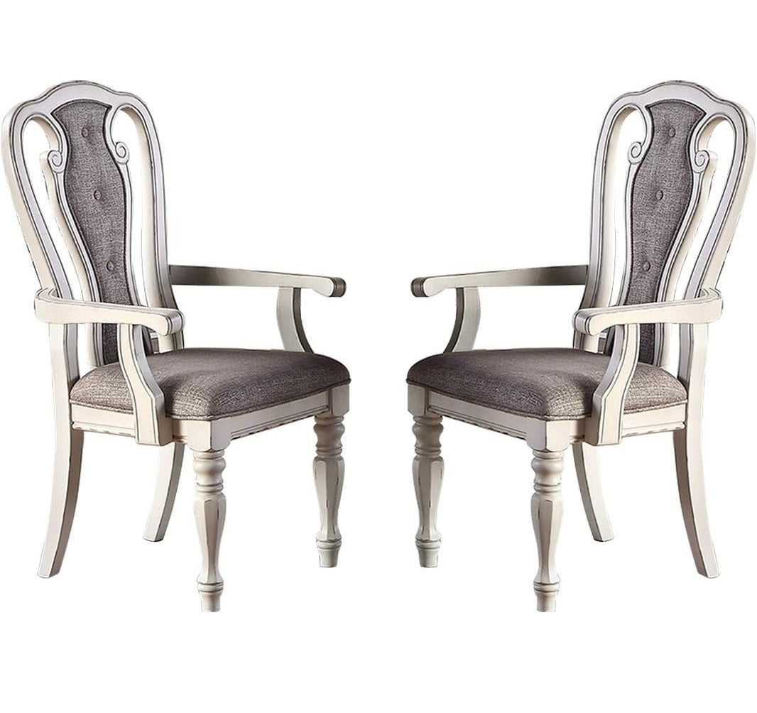 Antique White Set Of 2Pc Dining Arm Chairs Upholstered Tufted Unique Design Chairs Back Cushion Seat Dining Room Antique White,Grey Dining Room Contemporary,Transitional Dining Chairs Rubberwood Tufted Back Solid Wood