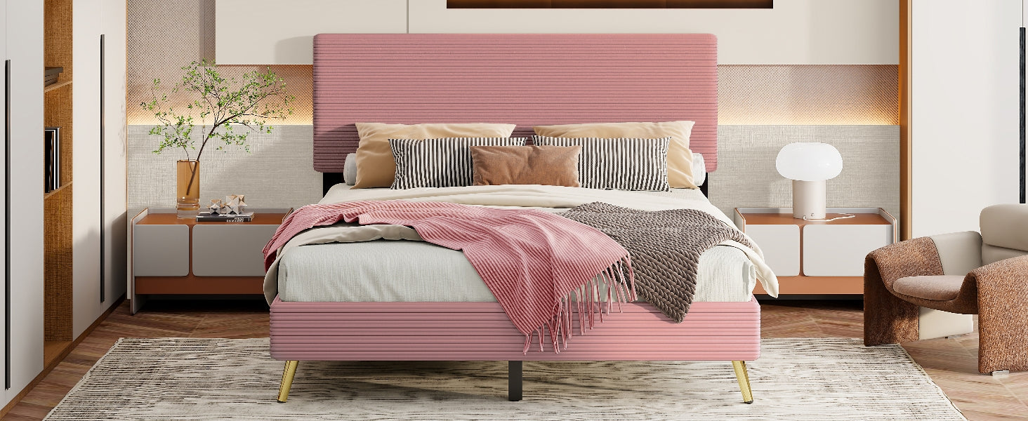 Queen Size Corduroy Upholstered Bed Frame, Platform Bed With Horizontal Stripe Headboard, No Box Spring Needed, Pink Queen Pink Bed Frame Solid Wood Mdf