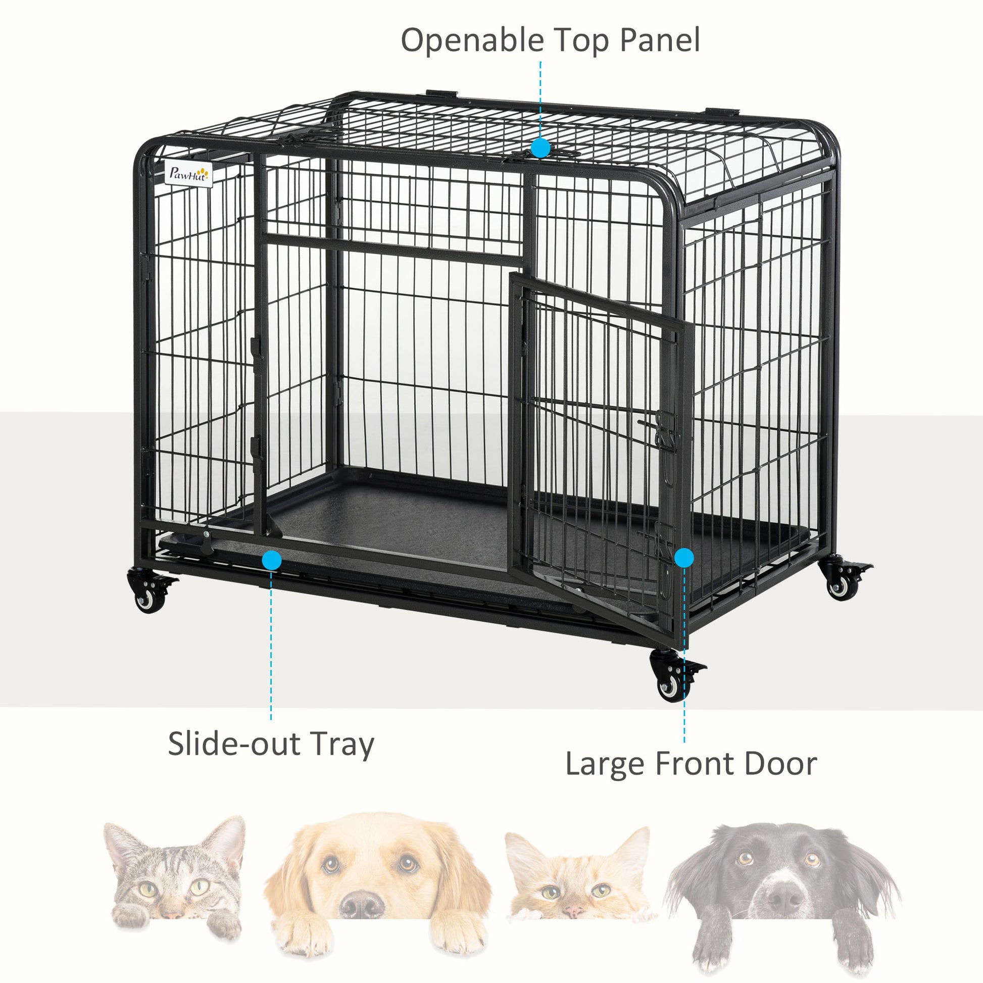 Pawhut Folding Design Heavy Duty Metal Dog Cage Crate & Kennel With Removable Tray And Cover, & 4 Locking Wheels, Indoor Outdoor 37" Dark Grey Metal