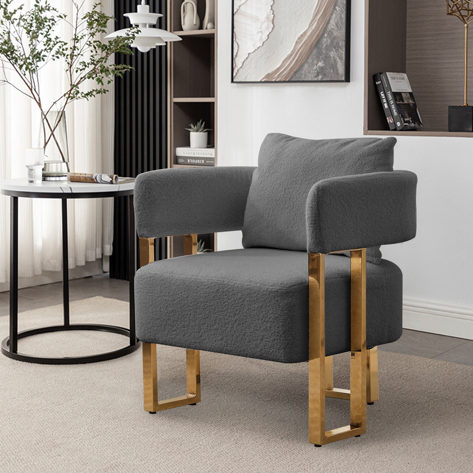 Ts Modern Decorative Chair, Living Room Side Chair With Gold Metal Legs, No Wheels, Suitable For Dressing Area, Reception Room, Office,Teddy Fleece Upholstered Metal Foot Sofas 2Pcs Grey Grey Teddy