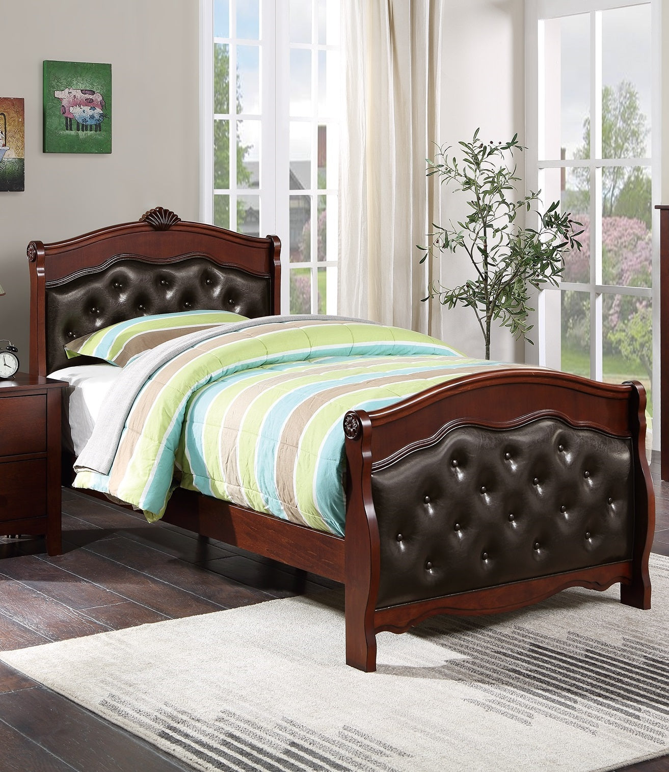 Dark Cherry Twin Size Bed Youth Bedroom Furniture Espresso Faux Leather Headboard Footboard Plywood 1Pc Bedframe Box Spring Required Twin Cherry Wood Bedroom Classic,Traditional Pine Bed Frame Faux Leather Plywood