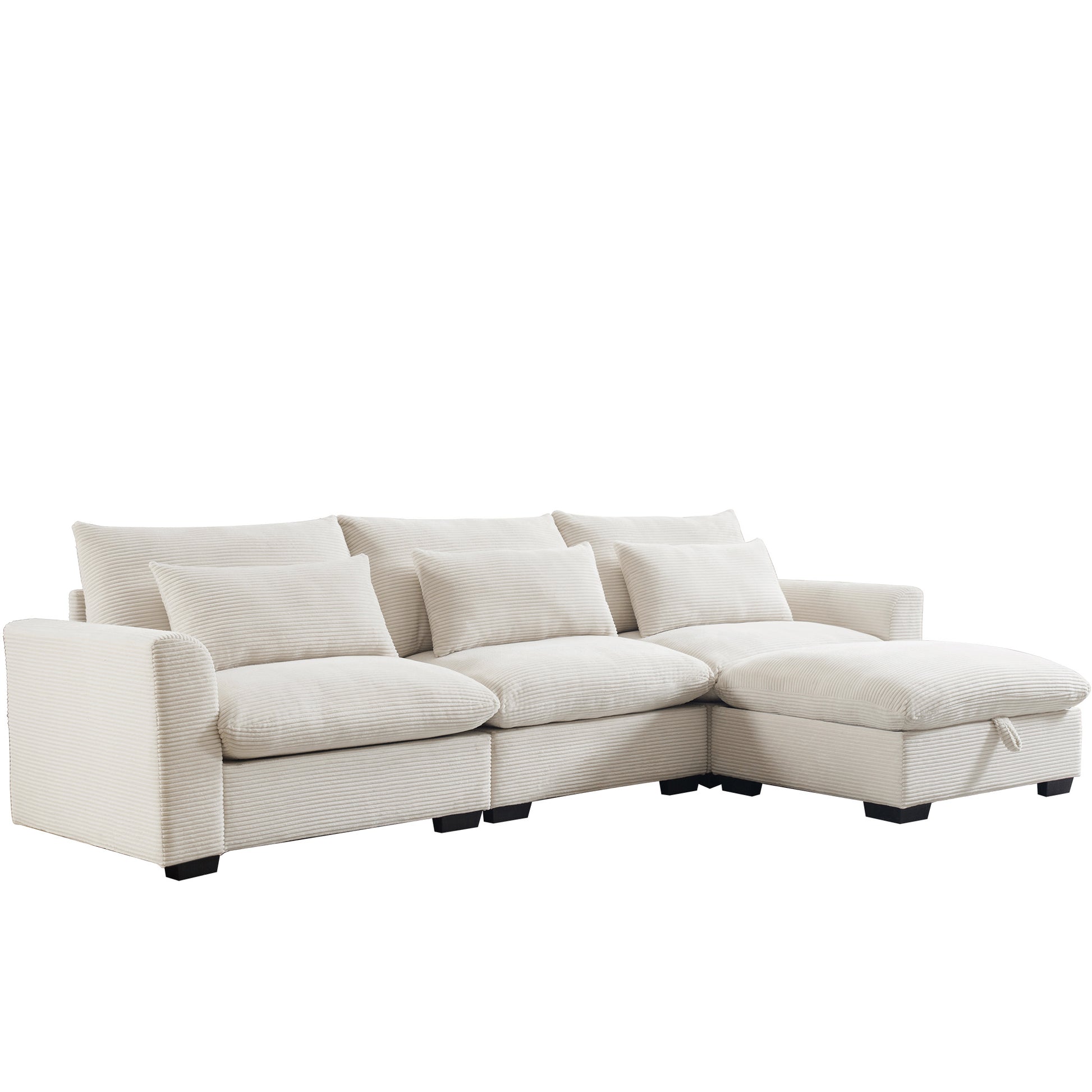 Corduroy Sectional Sofa, L Shaped Couch With Storage Footstool And 3 Pillow, Sectional Couch For Living Room Apartment, Beige Beige Corduroy 3 Seat