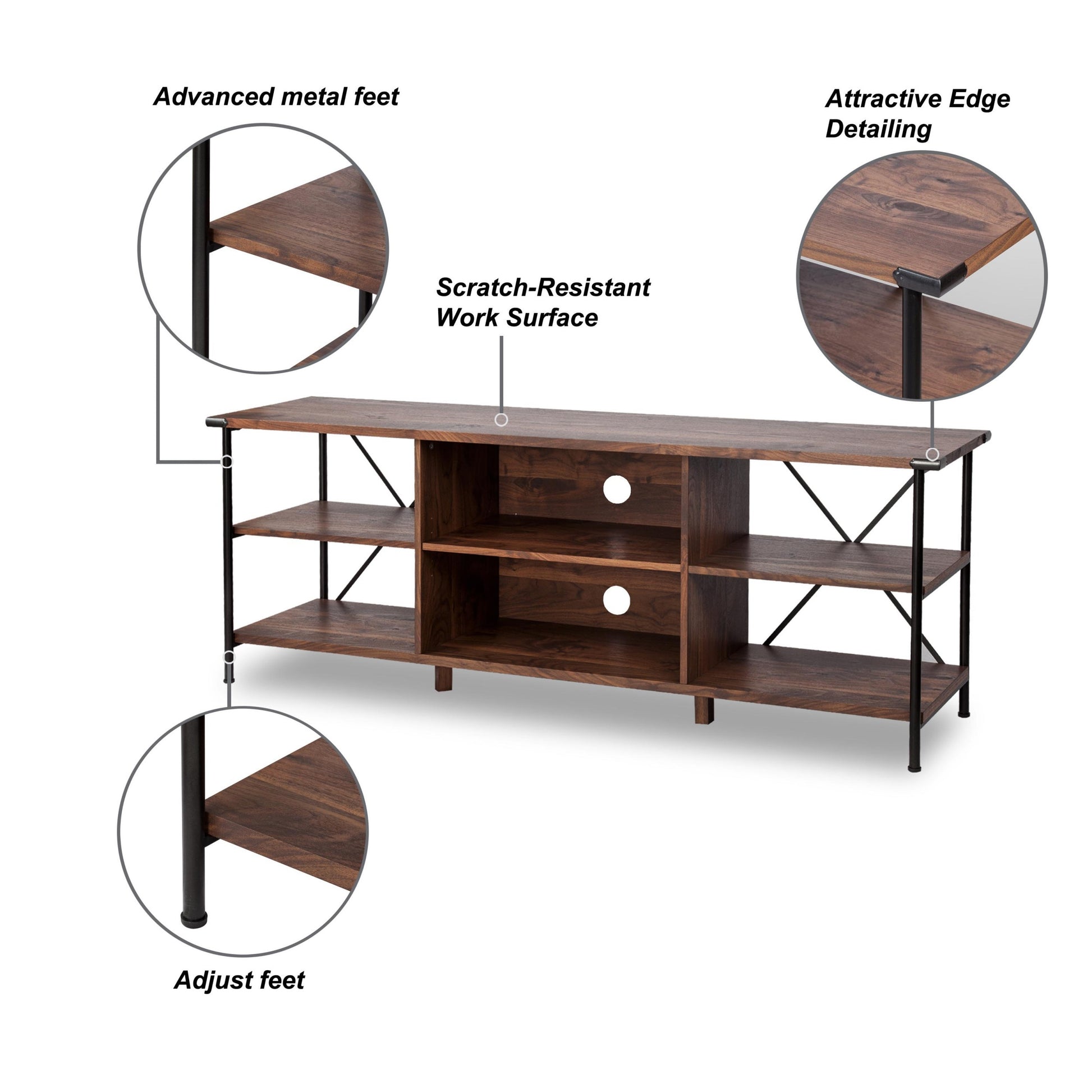 65" Tv Stand "Open Design Walnut Tv Stand With Cable Management And Adjustable Metal Feet" Walnut Solid Wood