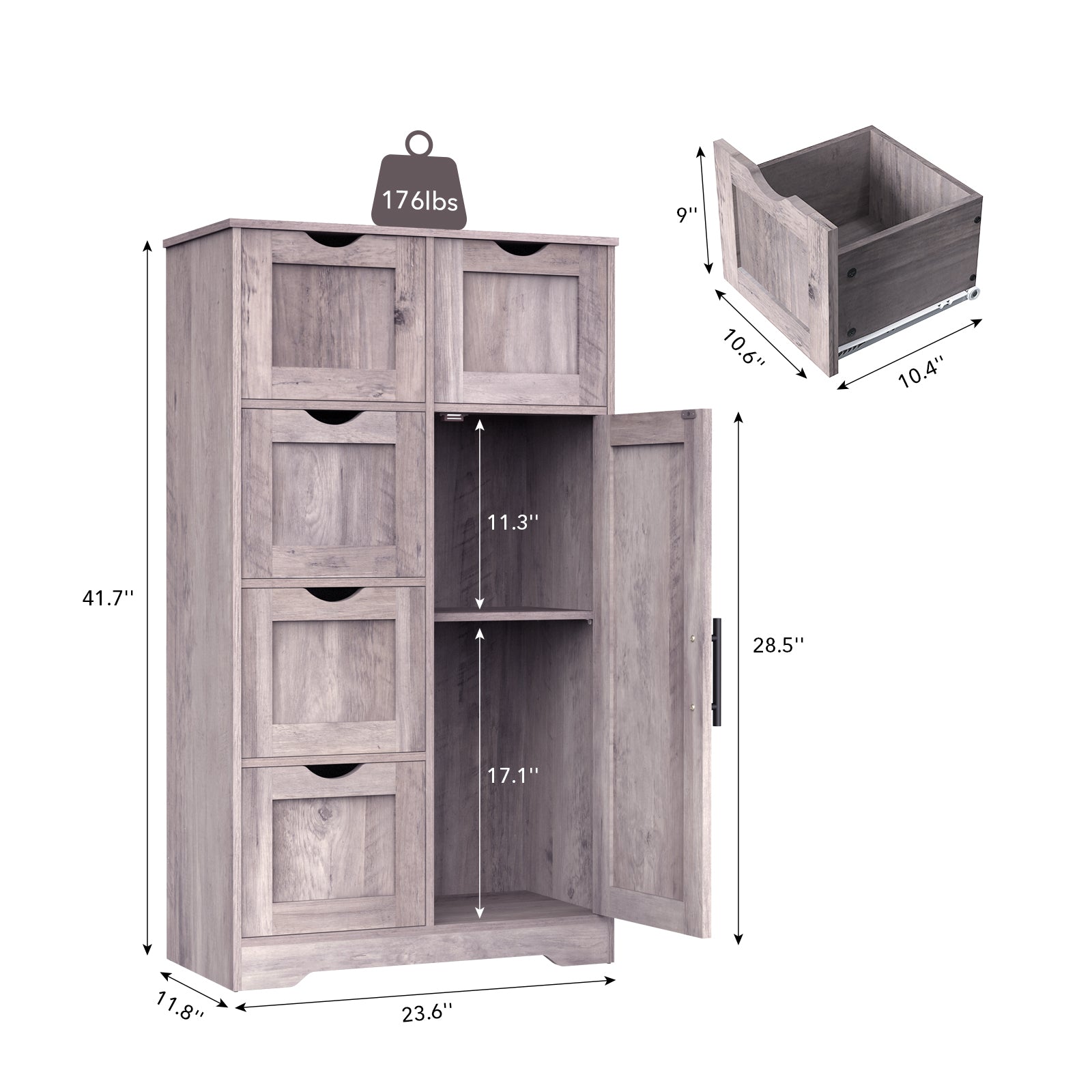 Bathroom Storage Cabinet With Storage 5 Drawers And 1 Door, Entryway Cabinet With Adjustable Shelf, Accent Cabinet For Bathroom Kitchen Living Room And Office, Grey Grey Wood