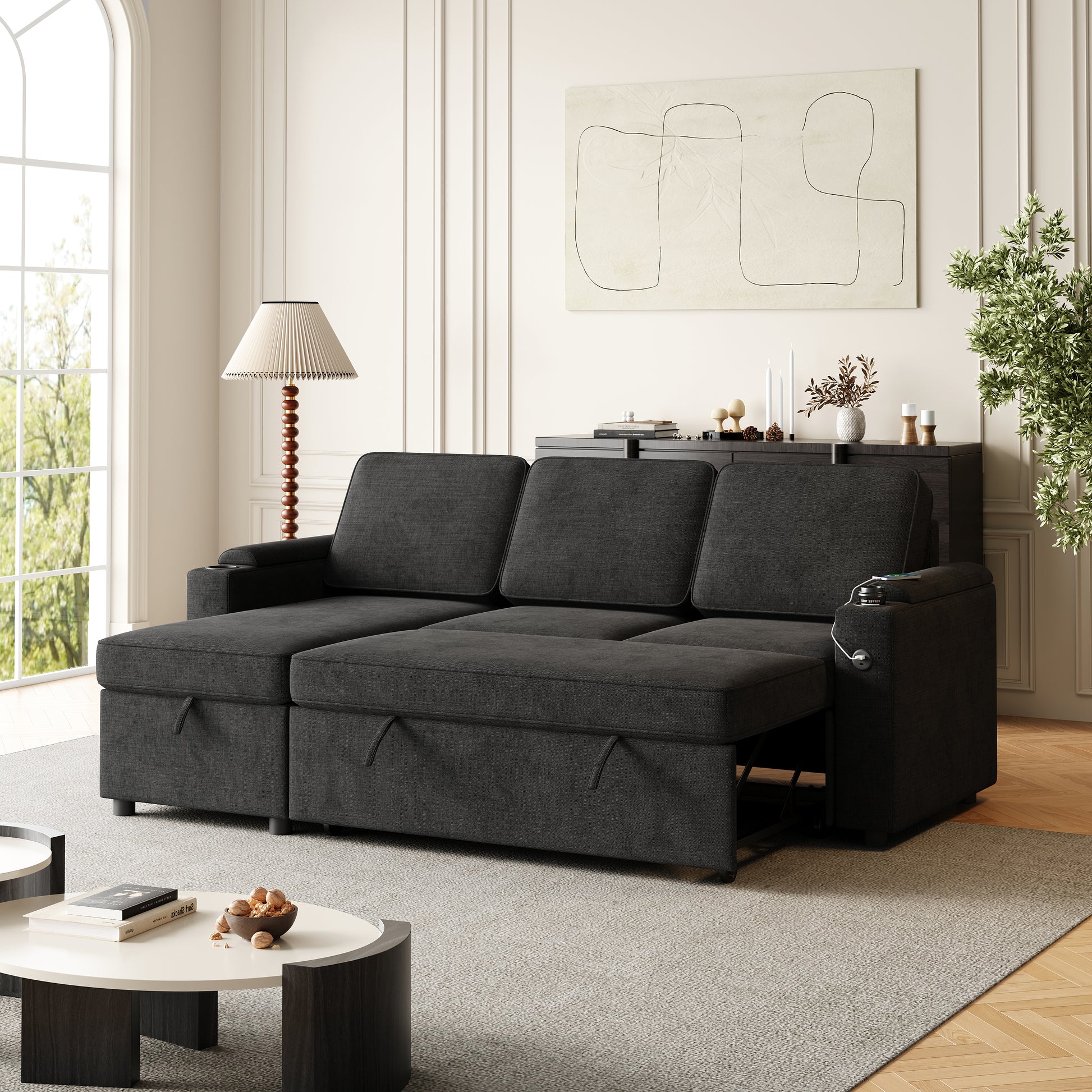 Mh85.8" Sleeper Sofa, Sofa Bed 2 In 1 Pull Out Sofa Bed With Storage Sofa, Sofa Sleeper With Pull Out Bed With Charging Port Black Polyester Primary Living Space Eucalyptus Polyester Fabric 3 Seat