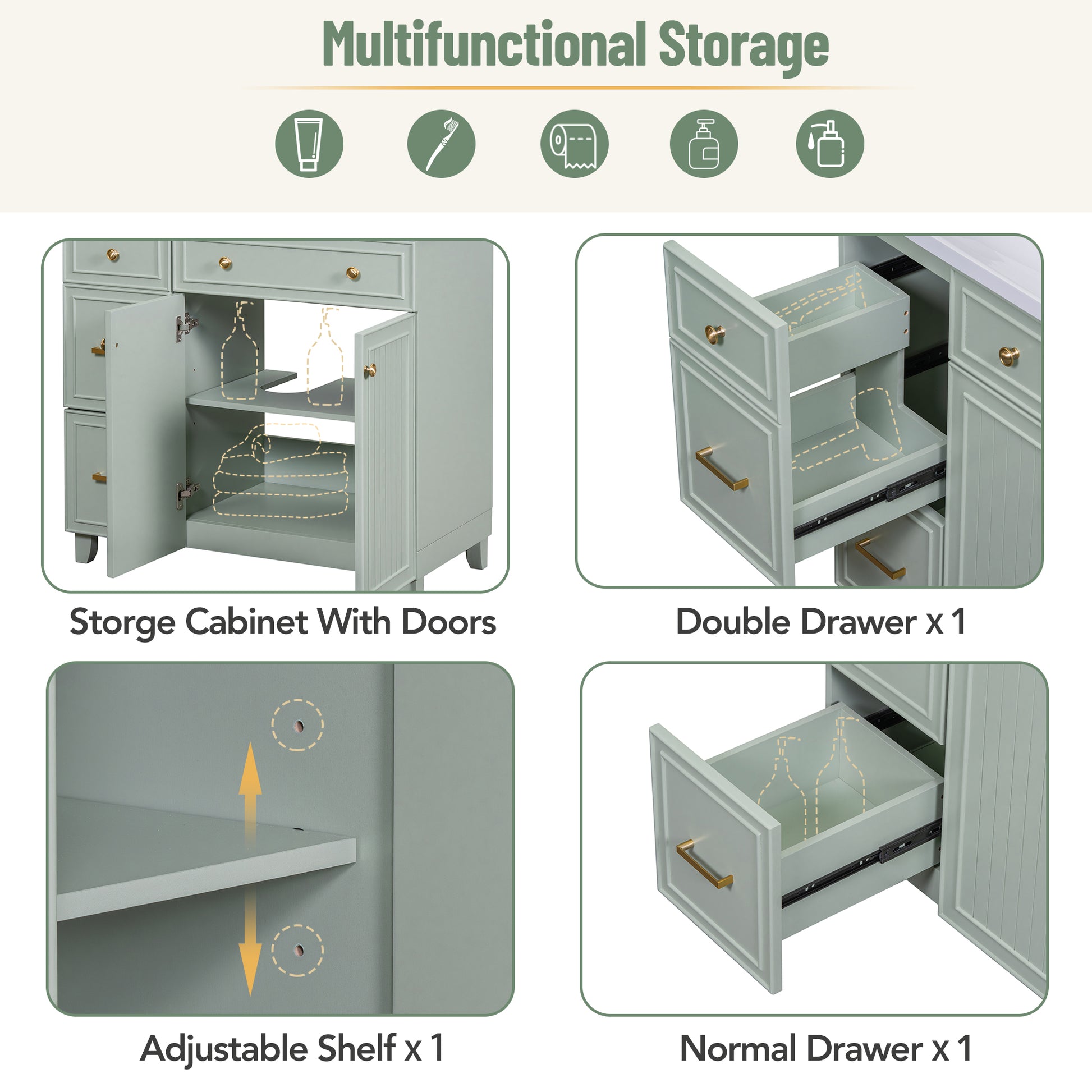 36 Inch Bathroom Vanity, Transitional Style Bathroom Cabinet With Resin Sink, Green Single Bathroom Cabinet, With 2 Drawers And 1 Adjustable Storage Shelf, 2 Soft Close Doors Green Bathroom Solid Wood Mdf Resin