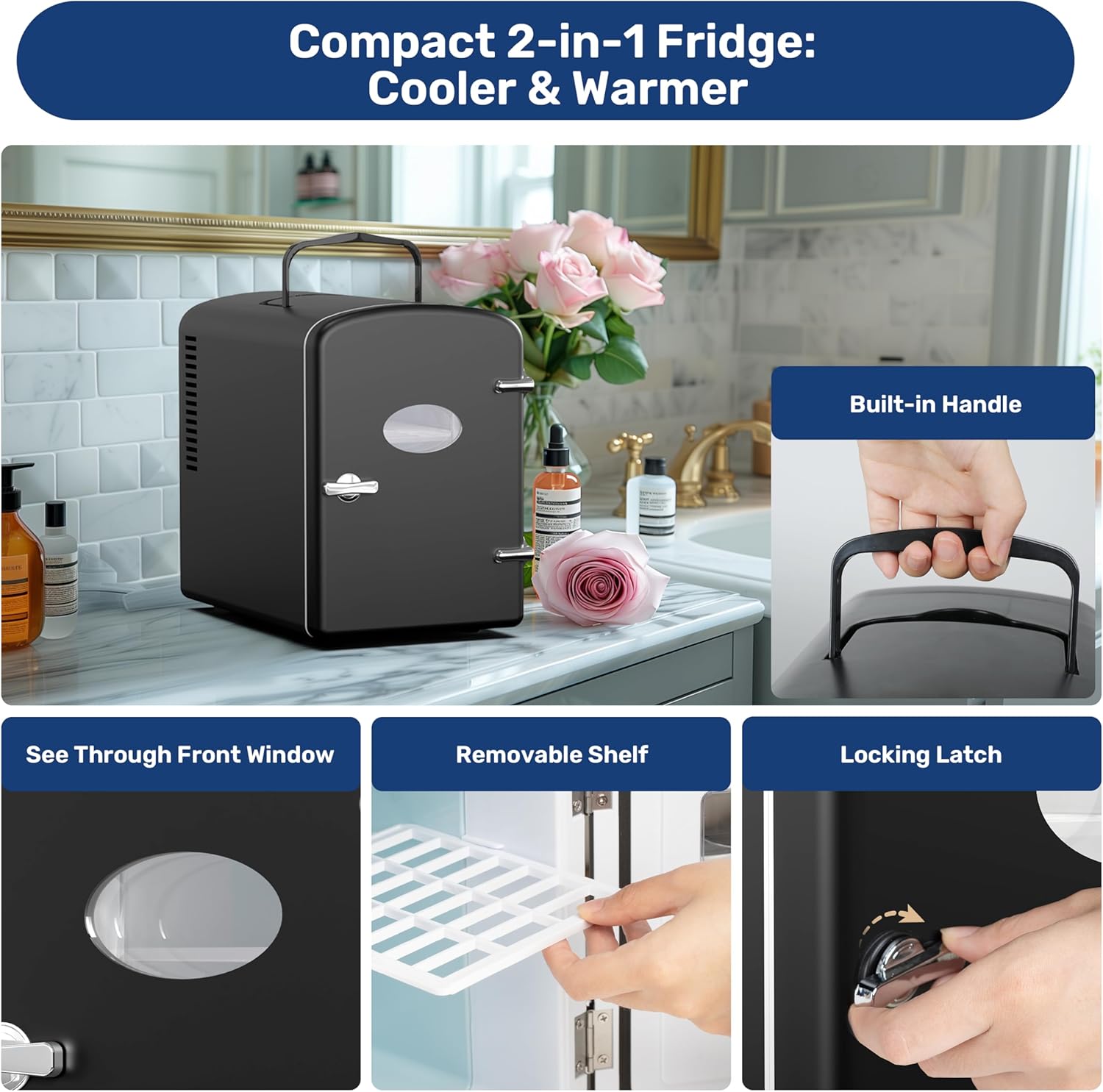 9 Cans Compact Mini Fridge, Warmer And Cooler Portable Refrigerator With Observation, Freon Free & Eco Friendly, 6L With Window, Black Black Polypropylene