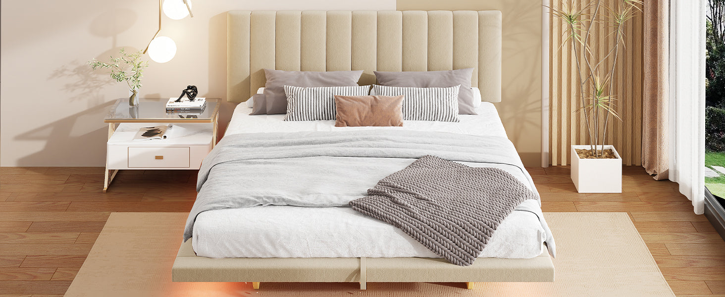 Queen Size Upholstered Floating Bed With Led Light And Usb Port, Velvet, Beige, Hydrualic Platform Bed Queen Beige Velvet
