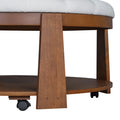 Modern Large Round Ottoman Coffee Table 2 Tier Oversized Button Tufted Ottoman With Wood Shelf Storage Upholstered Coffee Table For Living Room Footrest Ottoman With Wheel, Waterproof Linen Ivory White Rubber Wood