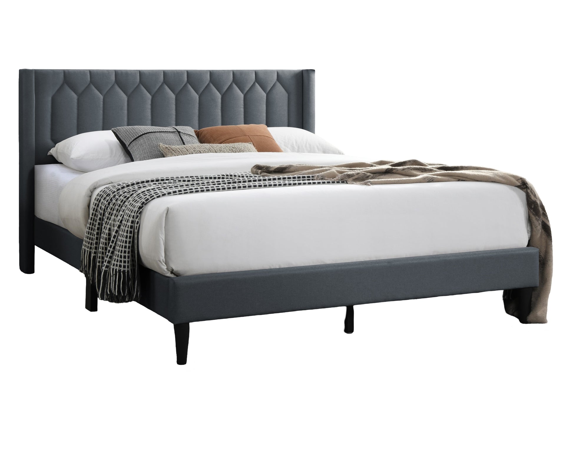 Modern Eye Catching 1Pc Queen Size Bed Charcoal Burlap Fabric Unique Diamond Design Headboard Bedframe Box Spring Not Required Queen Charcoal Wood Bedroom Contemporary,Modern Bed Frame Burlap