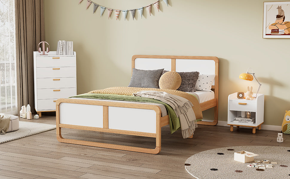 Modern Style Full Size Solid Wood Platform Bed For Kids, Teens, Adults, No Need Box Spring, Walnut And White Box Spring Not Required Full White Walnut Wood Bedroom Modern Pine Bed Frame Wood