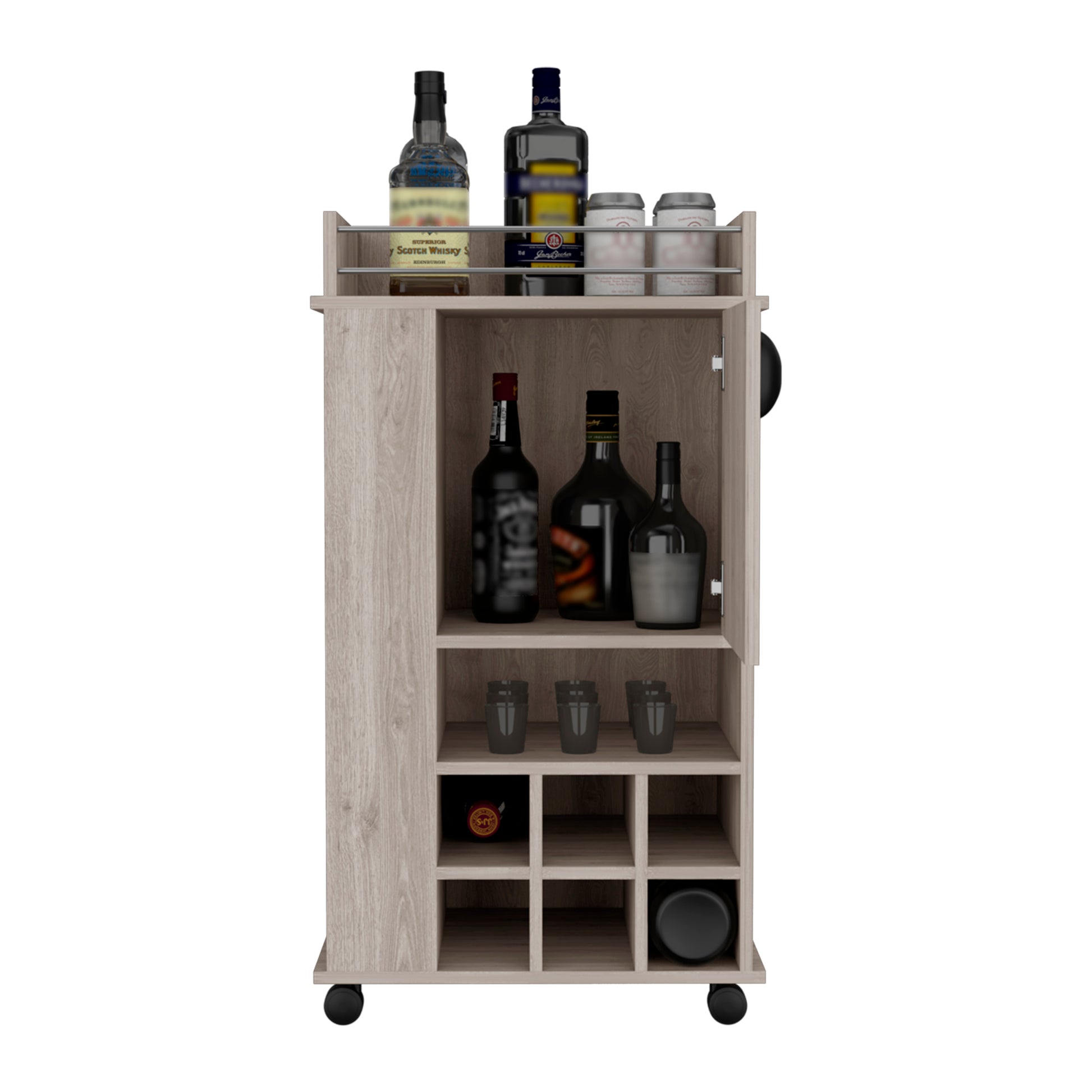 Fargo Bar Cart With Cabinet, 6 Built In Wine Rack And Casters Grey Primary Living Space Modern Particle Board Shelves Included Engineered Wood