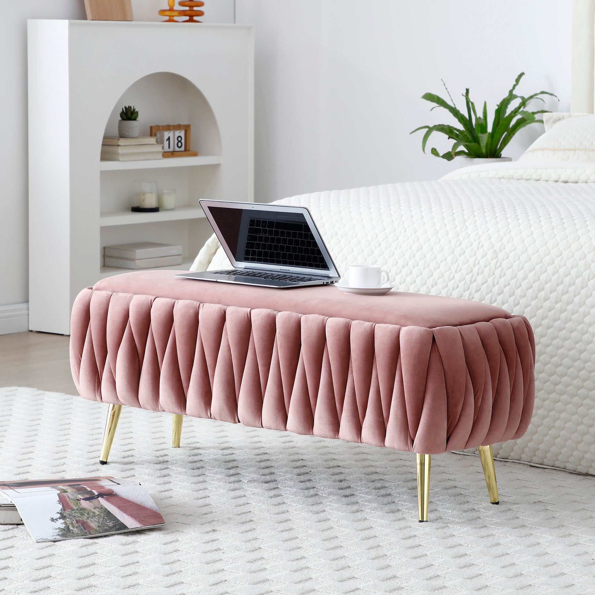 Oval Storage Bench With Gold Legs,Velvet Fabric Upholstered Ottoman Storage Benches For Bedroom End Of Bed,Sherpa Fabric Bench For Living Room,Dining Room,Entryway,Bed Side,Dark Pink,5 Colors Dark Pink Velvet