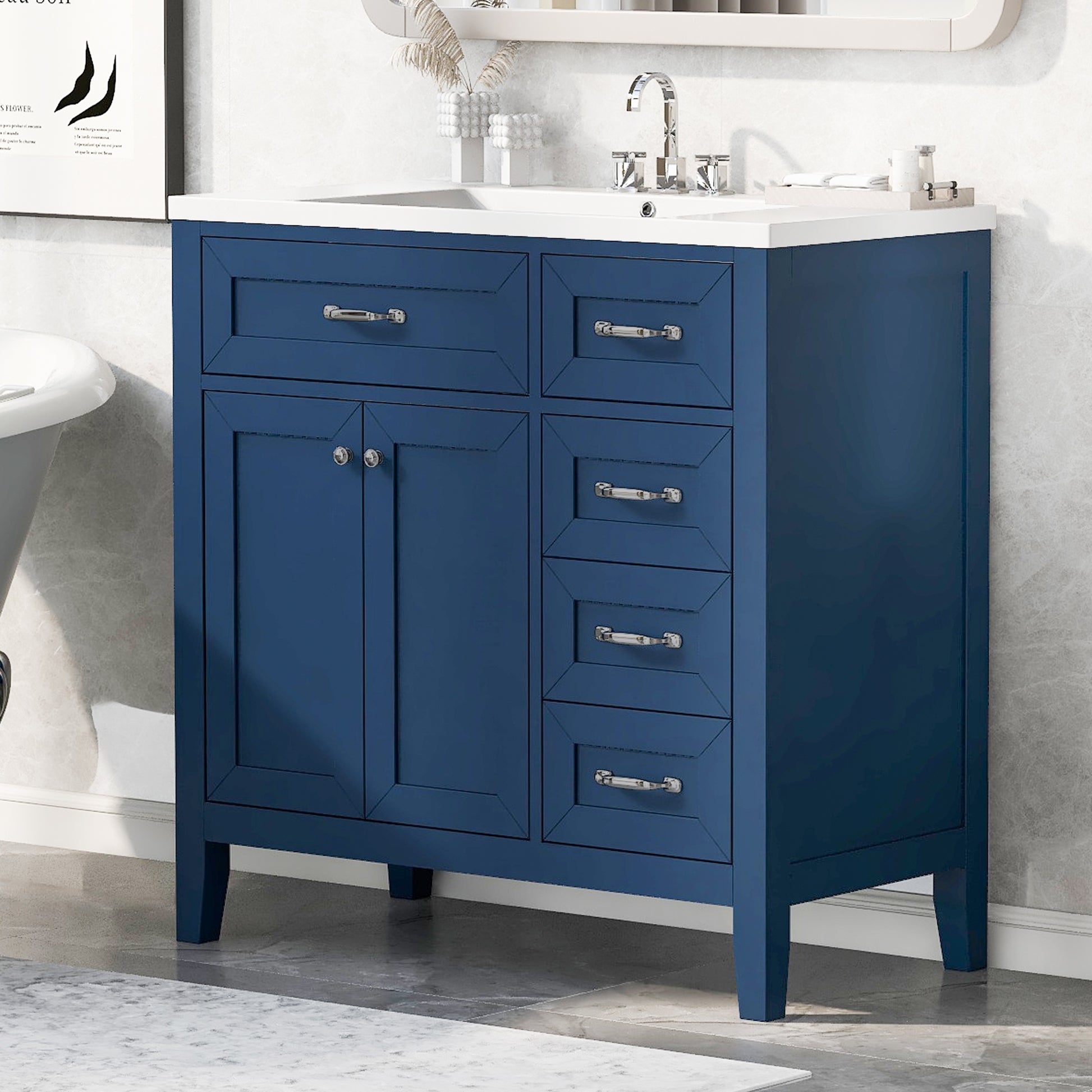 36" Bathroom Vanity With Sink Combo, Blue Bathroom Cabinet With Drawers, Solid Frame And Mdf Board Blue Solid Wood Mdf