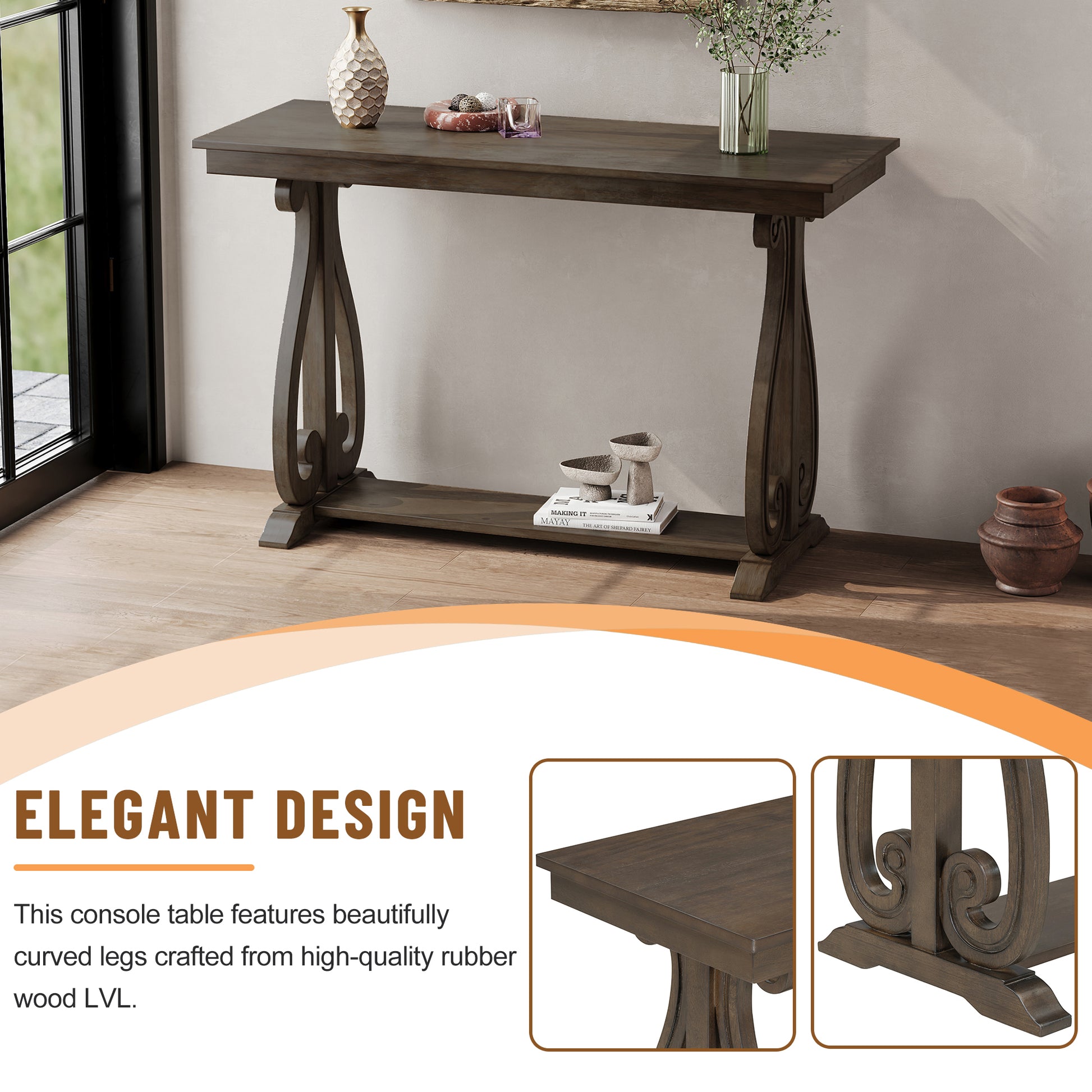 48 Inch Rustic Vintage Console Tablefarmhouse Style Entryway Table With Open Shelf And Sturdy Construction For Entryway And Living Room Walnut Walnut Distressed Finish Primary Living Space Antique,Rustic,Vintage Open Storage Console Tables Brushed