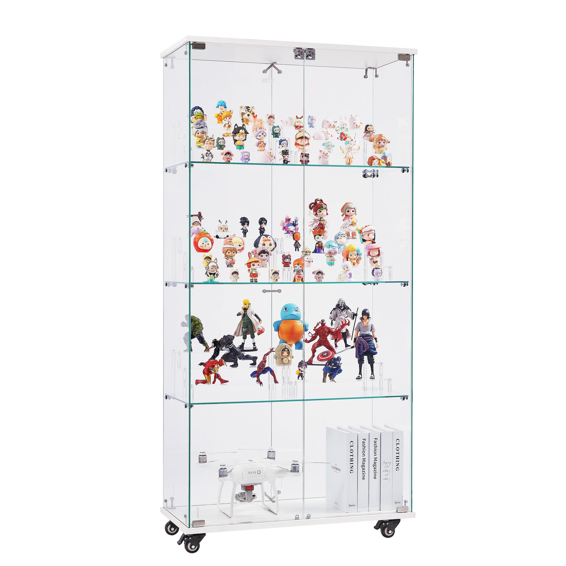4 Tier Glass Display Cabinet, Double Door Glass Cabinet With Two Locks, Floor Standing Storage Cabinet With 6 Acrylic Shelves For Living Room, Bedroom And Office, White, 31.5"L X 14.2"W X 65.1"H