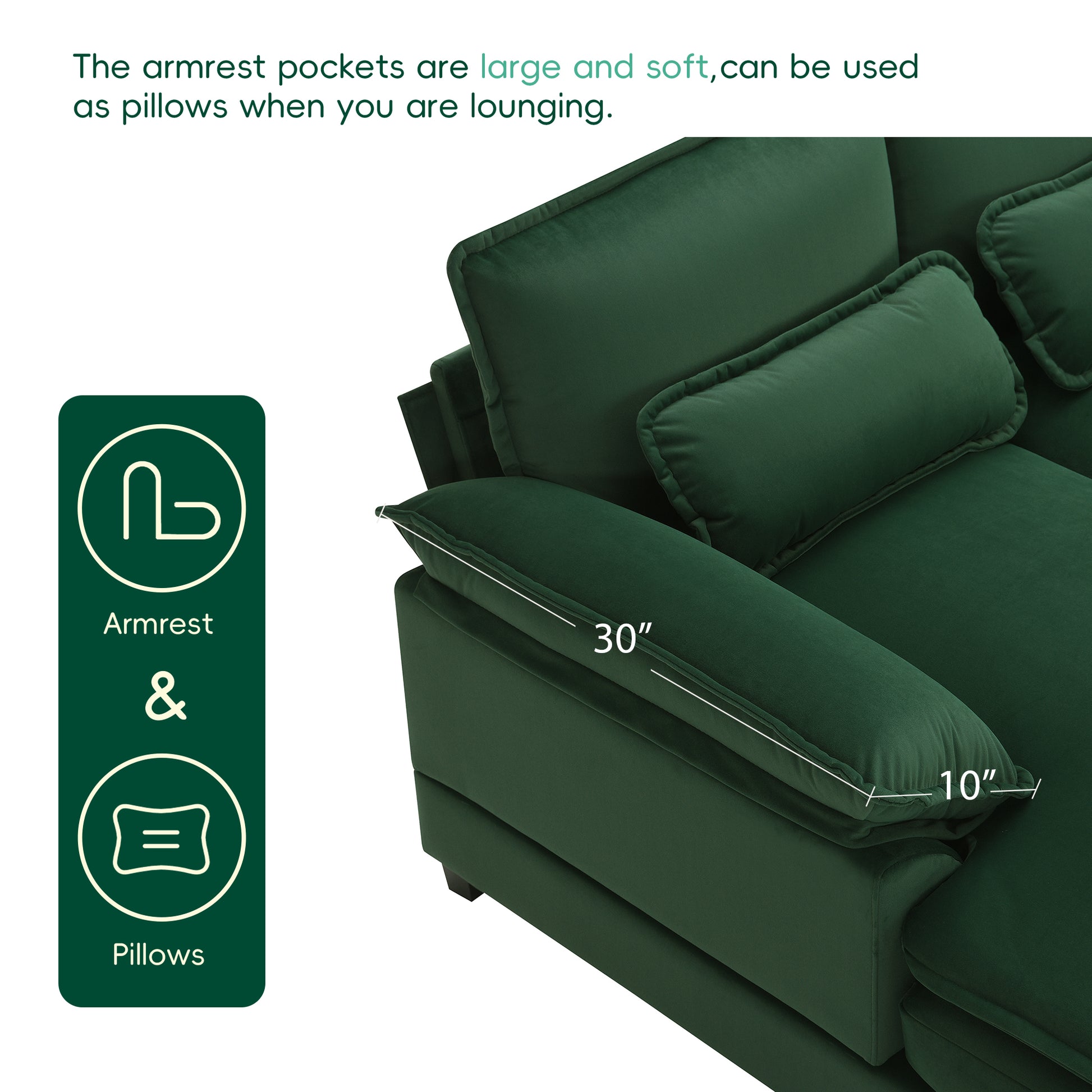 110*55" Modern U Shaped Sectional Sofa With Waist Pillows,6 Seat Upholstered Symmetrical Sofa Furniture,Sleeper Sofa Couch With Chaise Lounge For Living Room,Apartment,5 Color Green Velvet 6 Seat