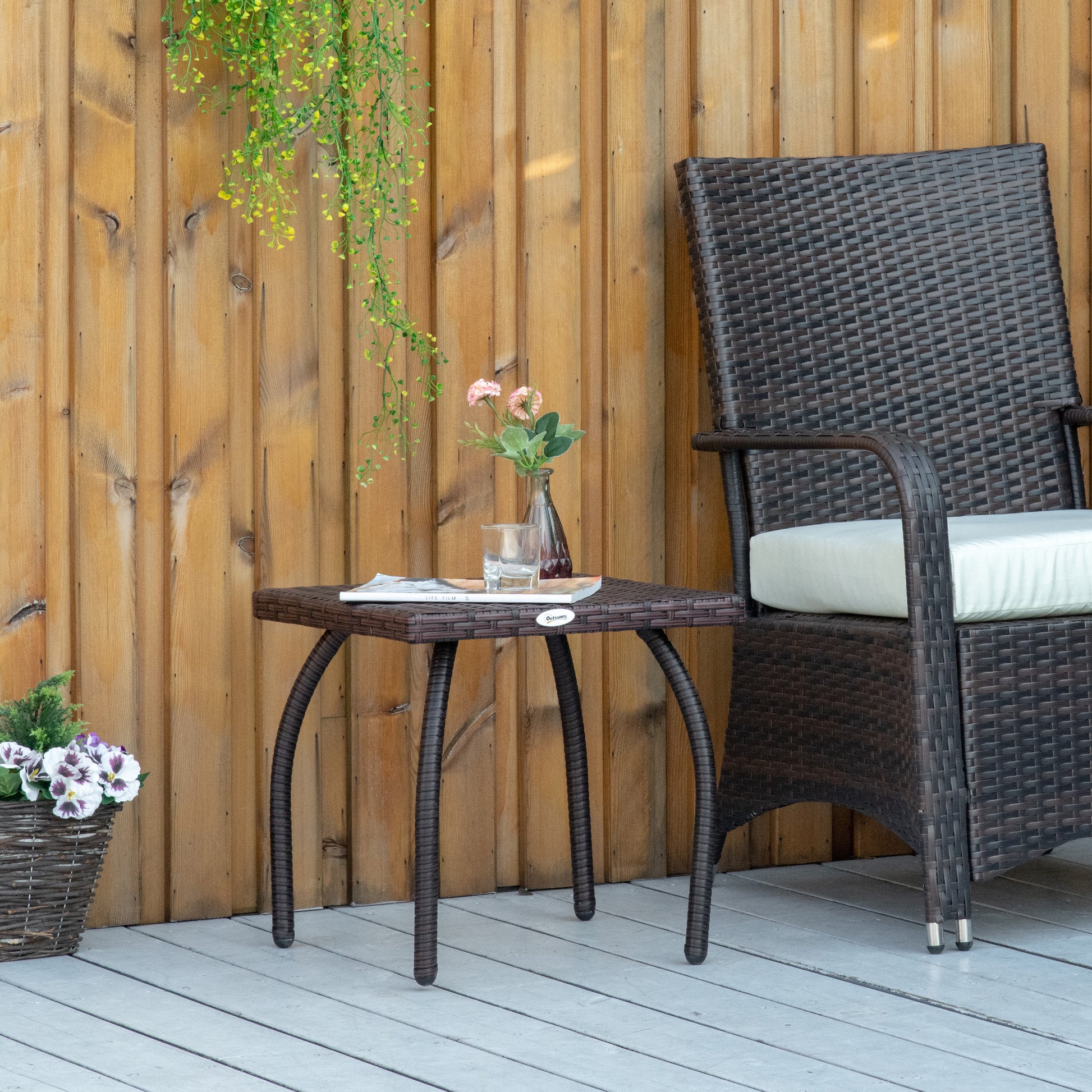 Outdoor Pe Wicker Side Table, Small Square Rattan End Table, All Weather Material Coffee Table For Garden, Balcony, Backyard, Brown Brown Steel