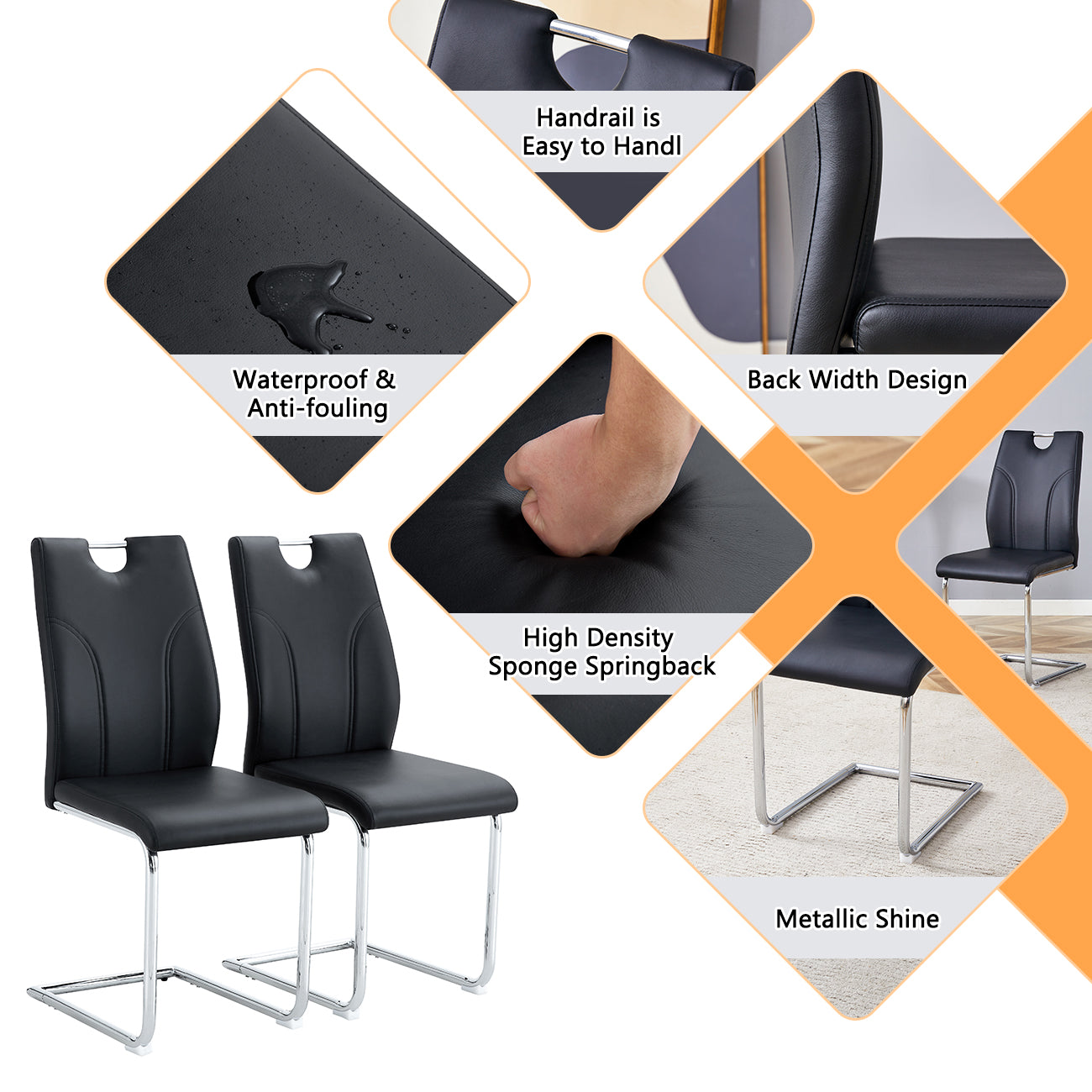 Black Pu Dining Chair Set.Uniquely Designed Black Dining Chairs. Pu Material, Paired With Silver Metal Chair Legs. Suitable For Offices, Restaurants, Kitchens, Conference Rooms, Etc. Set Of 6 Black