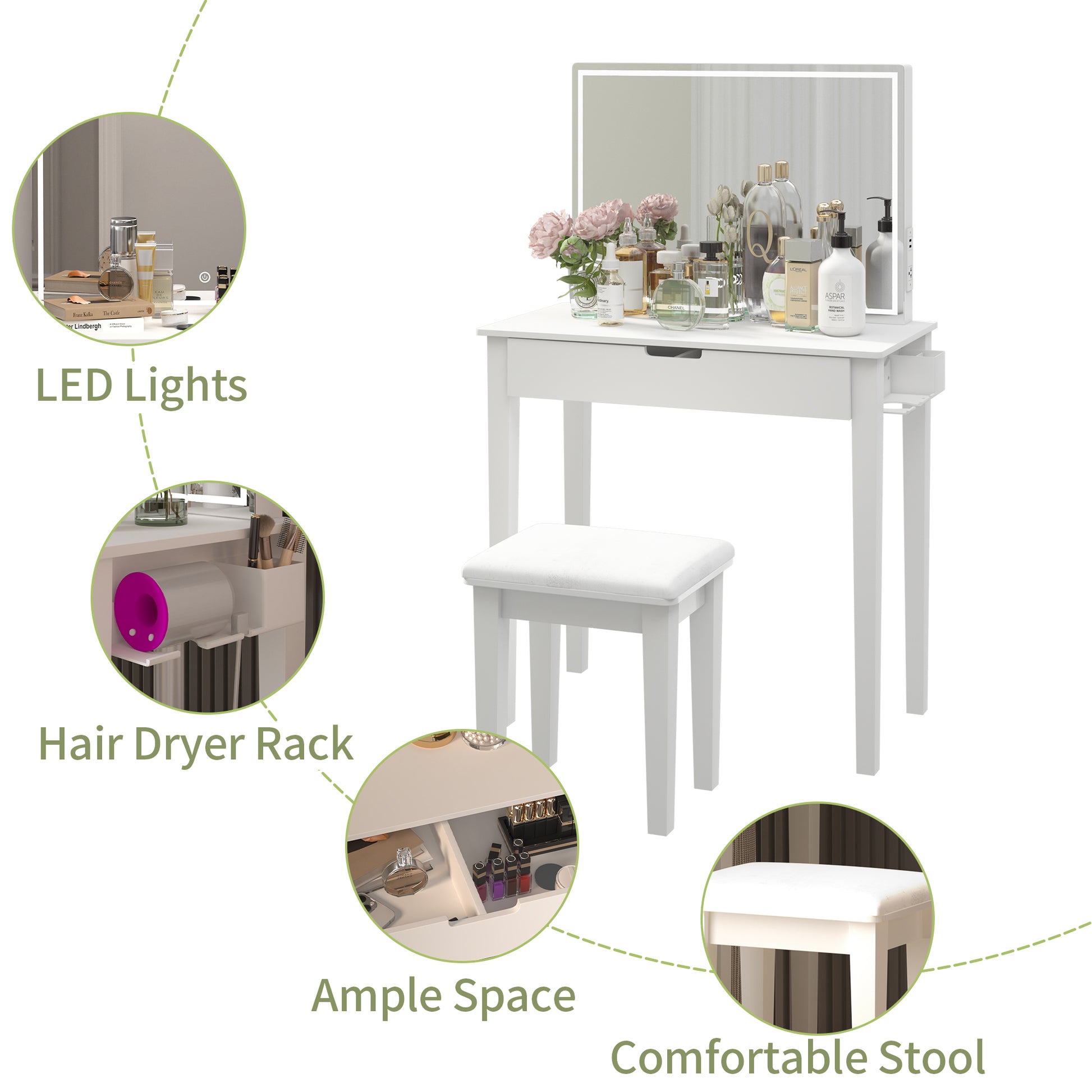 Vanity Desk Set With Mirror For Makeup, Makeup Table With 1 Drawer Storage Cosmetics, Vanity Dressing Table For Bedroom With Dimmable Led Light With Stool,White Finish White Drawer 1 Drawer Pine