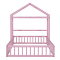 Wooden Floor Bed With Fence Railings And Detachable House Shape Headboard,Full Size Bed With Kids Dress Up Rack, Kids Montessori Style Playhouse Frame For Girls Boys, Pink Full Pink Wood