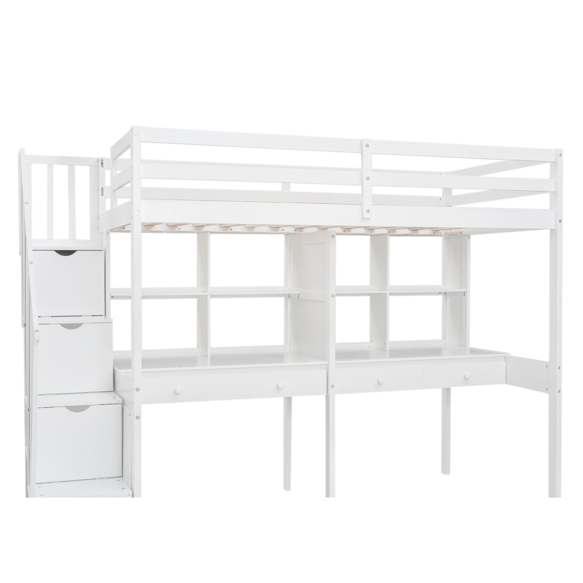 Twin Size Loft Bed Frame With Storage Staircase And Double Desks And Shelves,White Twin White Solid Wood Mdf