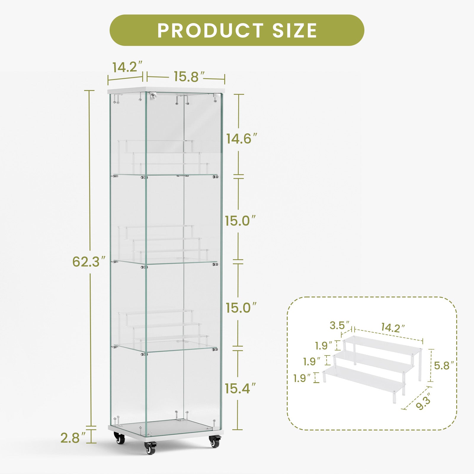 4 Tier Glass Display Cabinet, Single Door Glass Cabinet With Lock And Wheels, Floor Standing Storage Cabinet With 3 Acrylic Shelves For Living Room, Bedroom And Office, White, 15.8"L X 14.2"W X