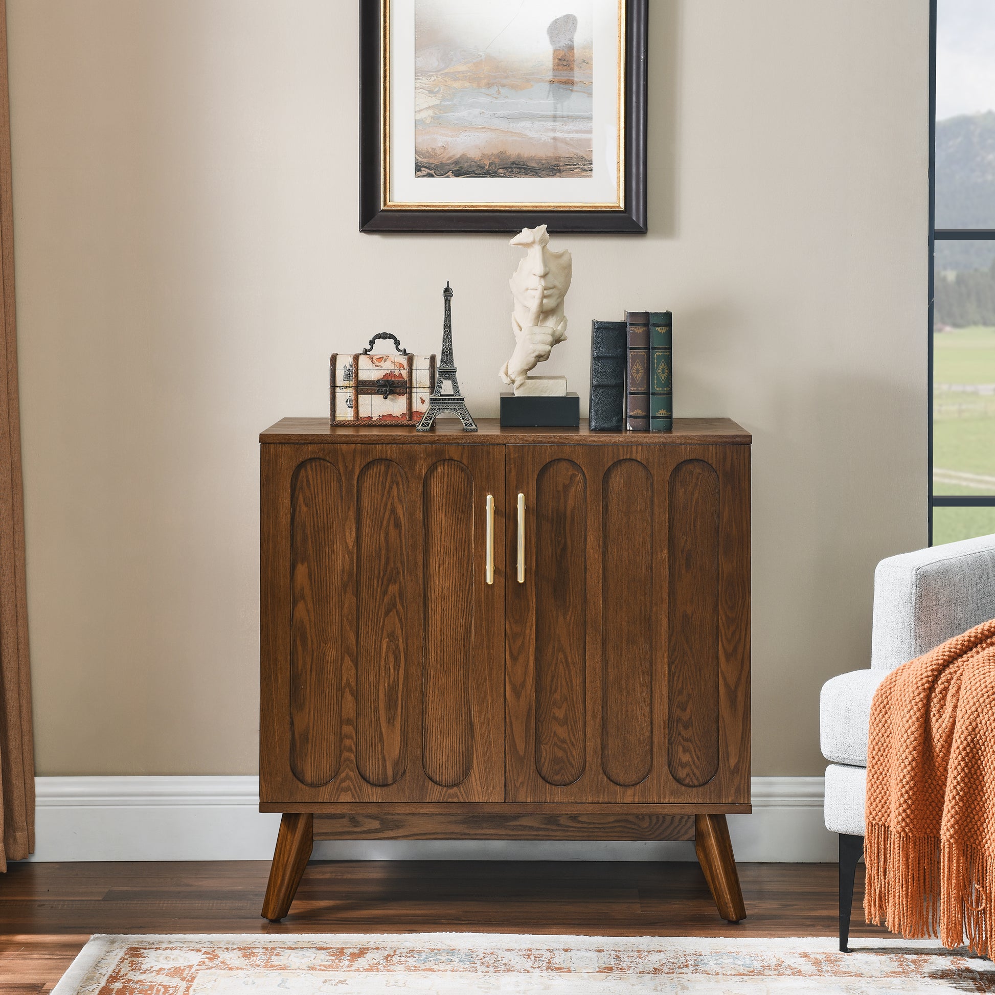 Mid Century Modern Fluted Sideboard Cabinet With Adjustable Shelves & Solid Wood Legs, Buffet Cabinet With Storage, Walnut Storage Cabinet For Living Room, Entryway, Hallway, Dining Room, Kitchen Walnut Solid Wood Mdf