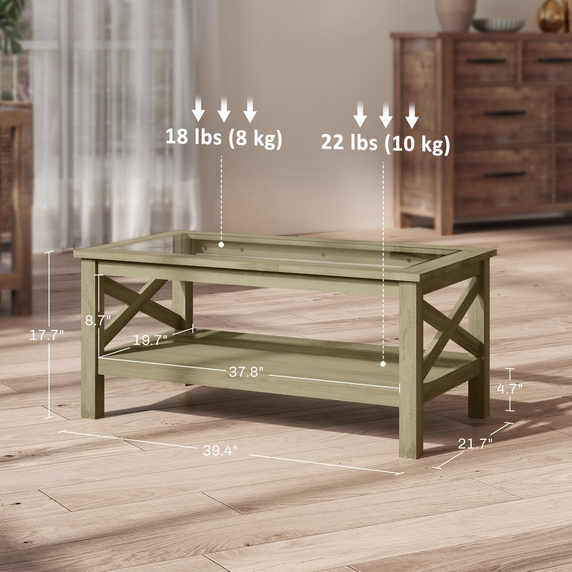 Homcom Glass Coffee Table, Modern Farmhouse Center Table With Storage, Side Table For Living Room With Classic X Bar Style Sides, Gray Gray Mdf
