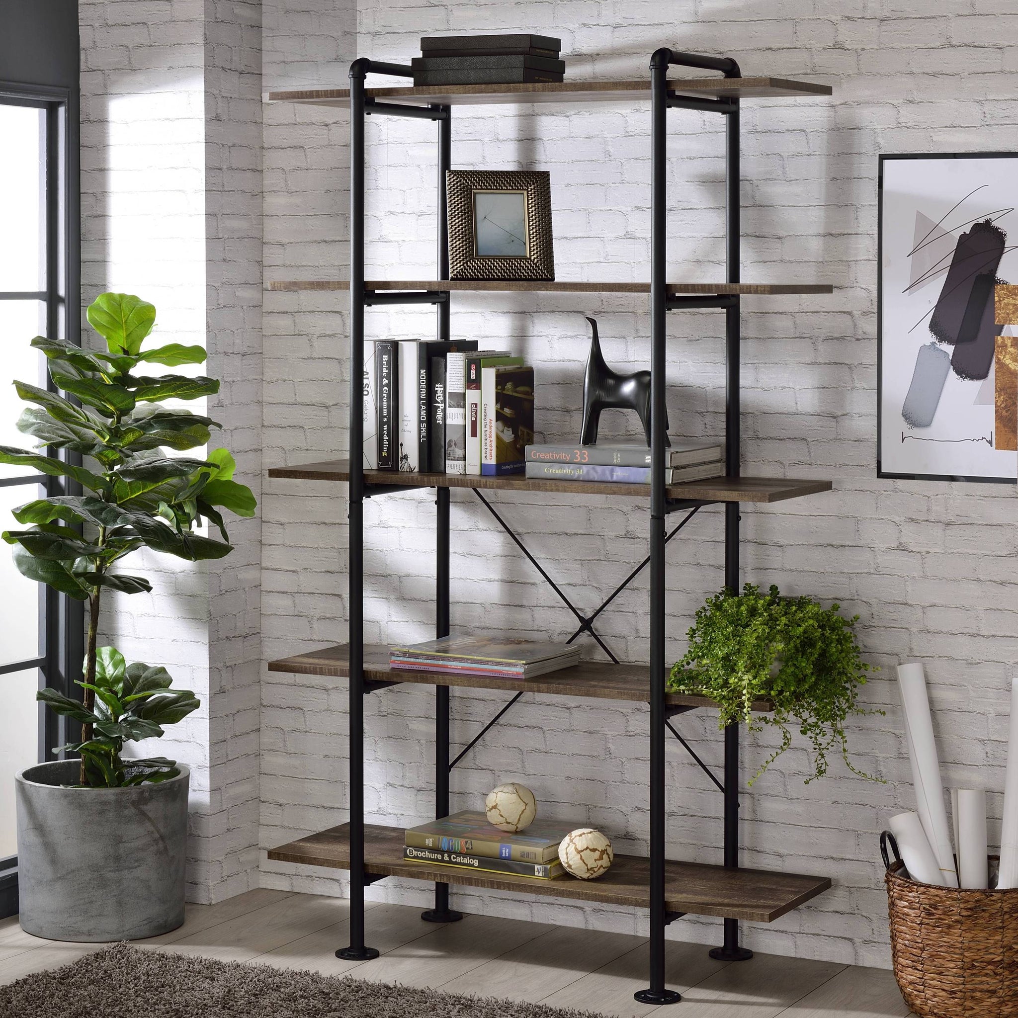 Rustic Oak And Black 5 Shelf Bookcase 5 Black Brown Horizontal Open Back Industrial Adjustable Shelves Wood Metal