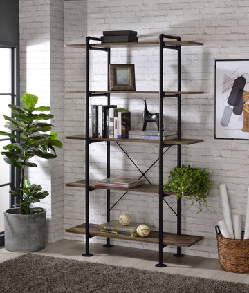 Rustic Oak And Black 5 Shelf Bookcase 5 Black Brown Horizontal Open Back Industrial Adjustable Shelves Wood Metal