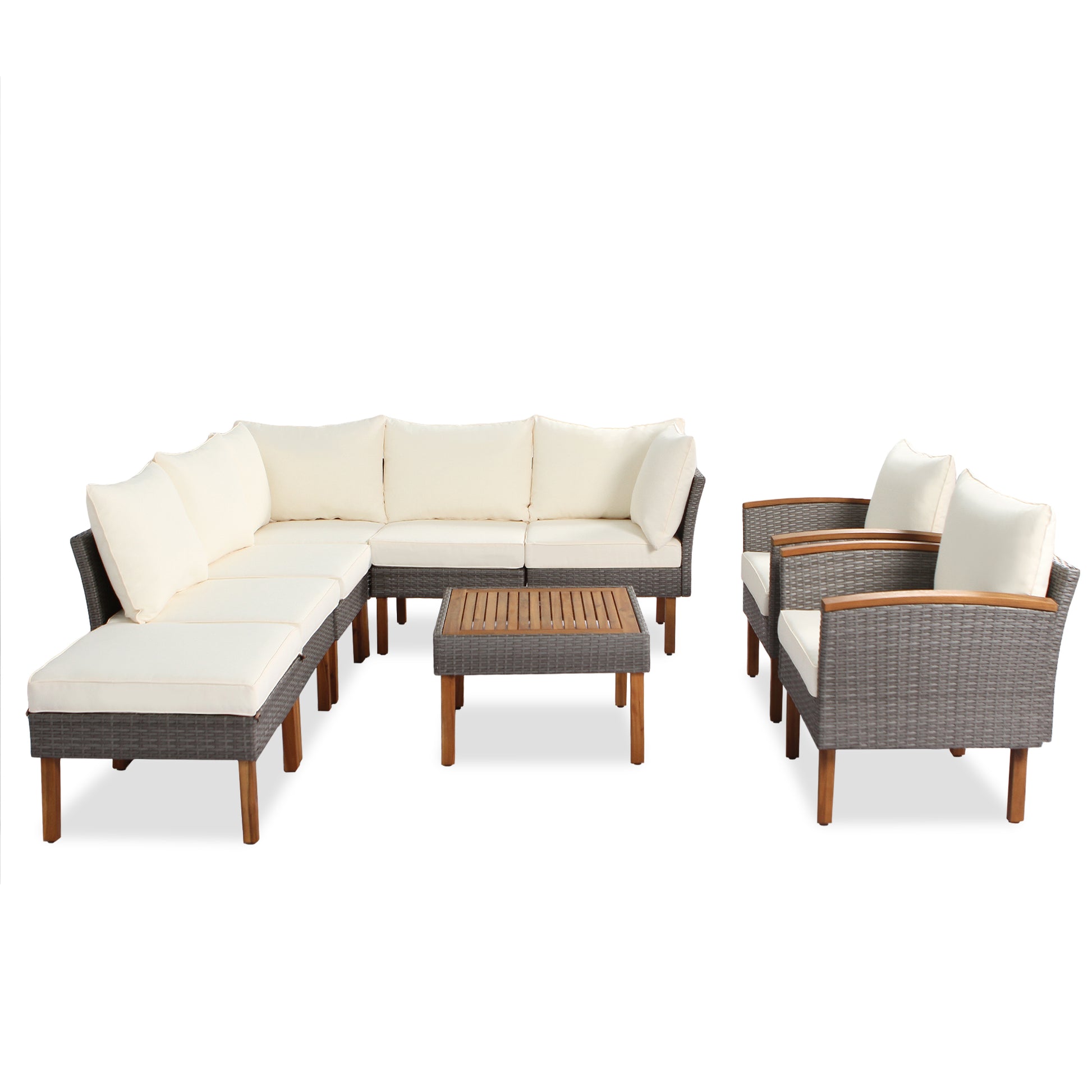 9 Piece Patio Rattan Furniture Set, Outdoor Conversation Set With Acacia Wood Legs And Tabletop, Pe Rattan Sectional Sofa Set With Coffee Table, Washable Cushion, Beige Yes Beige Garden & Outdoor Complete Patio Sets Foam Wicker