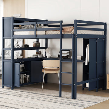 Wood Loft Bed With Cabinet And Bookshelf, Full Size Loft With Wardrobe And Desk For Kids,Dark Blue Expect Arrival Date 2024 8 25 Full Dark Blue Pine