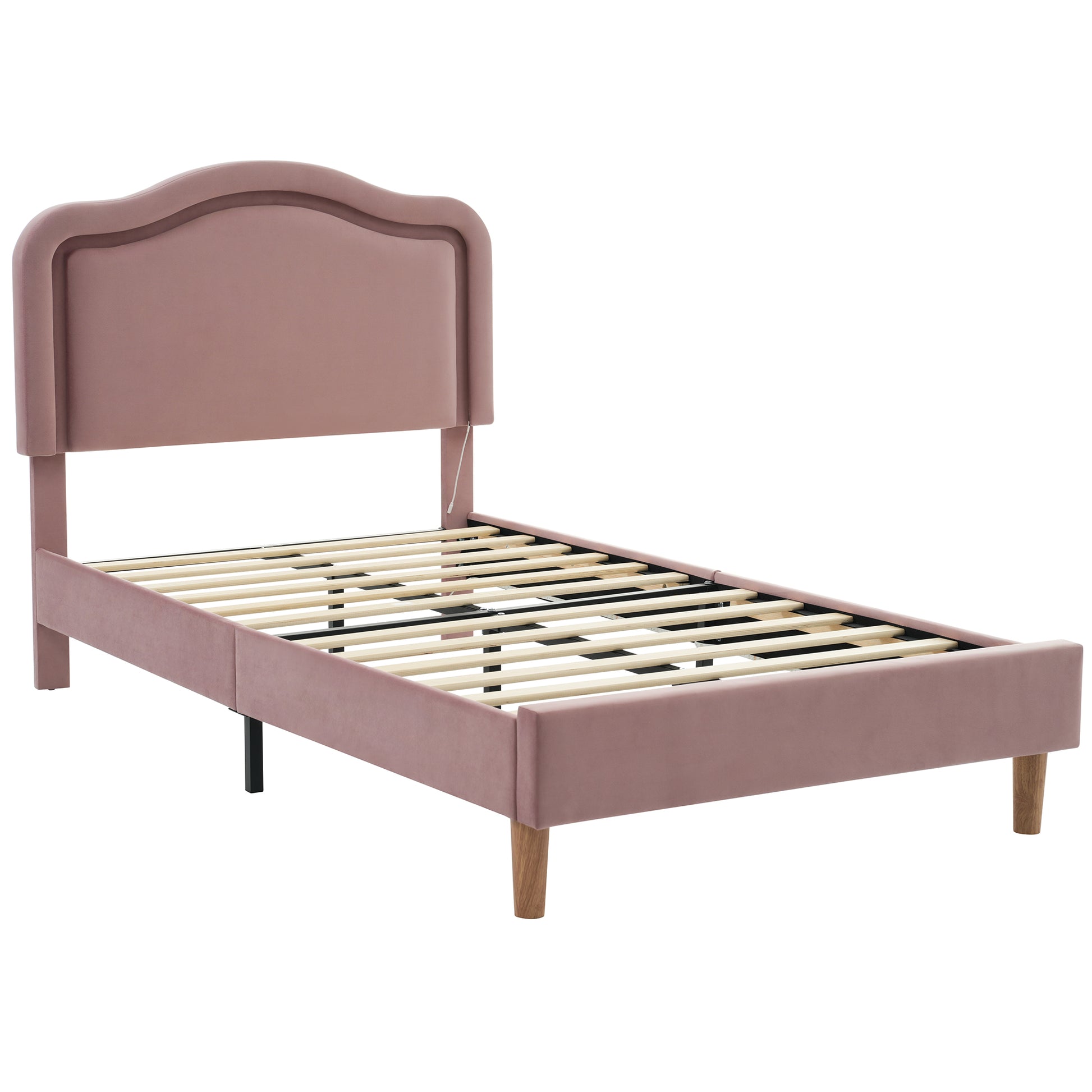 Twin Size Velvet Upholstered Smart Led Bed Frame With Adjustable Height Headboard,No Box Spring Needed,Easy Assembly,Pink Box Spring Not Required Twin Pink Wood Bedroom Cute,Modern Bed Frame Wood